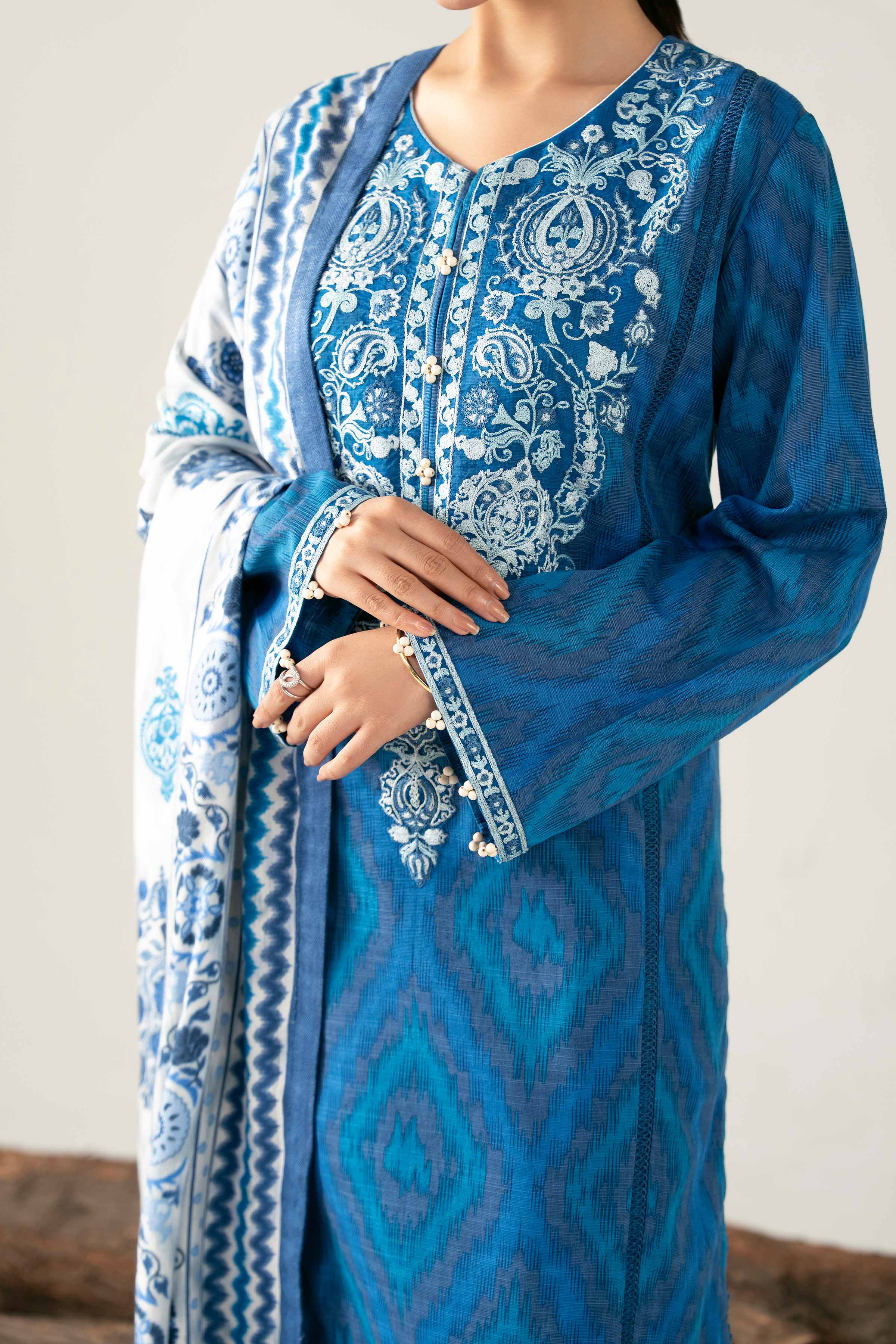 NishatUAE -  Blue & White Embroidered Khaddar 3-piece Unstitched Suit
