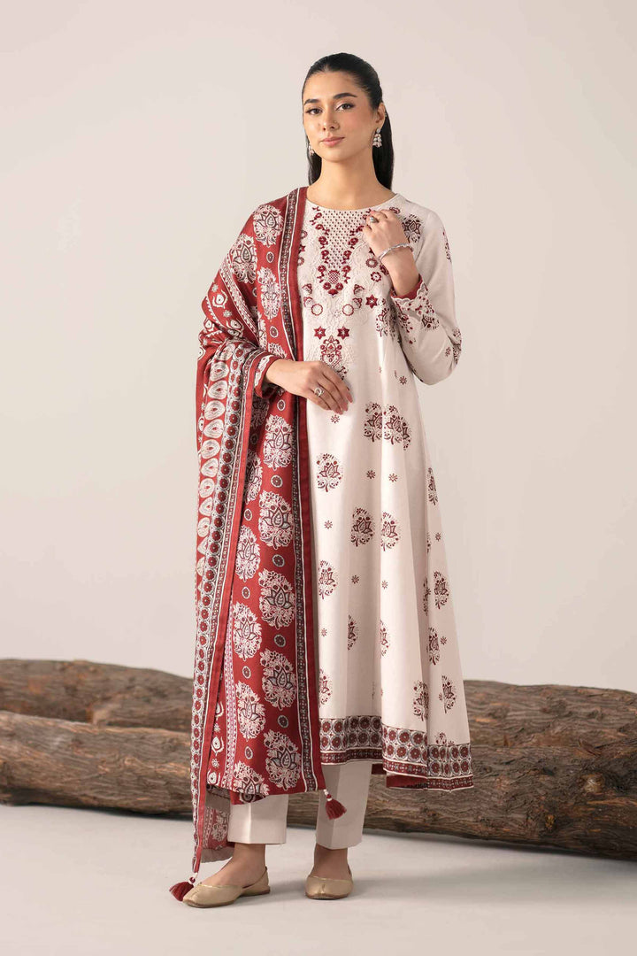 NishatUAE -  Maroon & Cream Embroidered Khaddar 3-piece Unstitched Suit