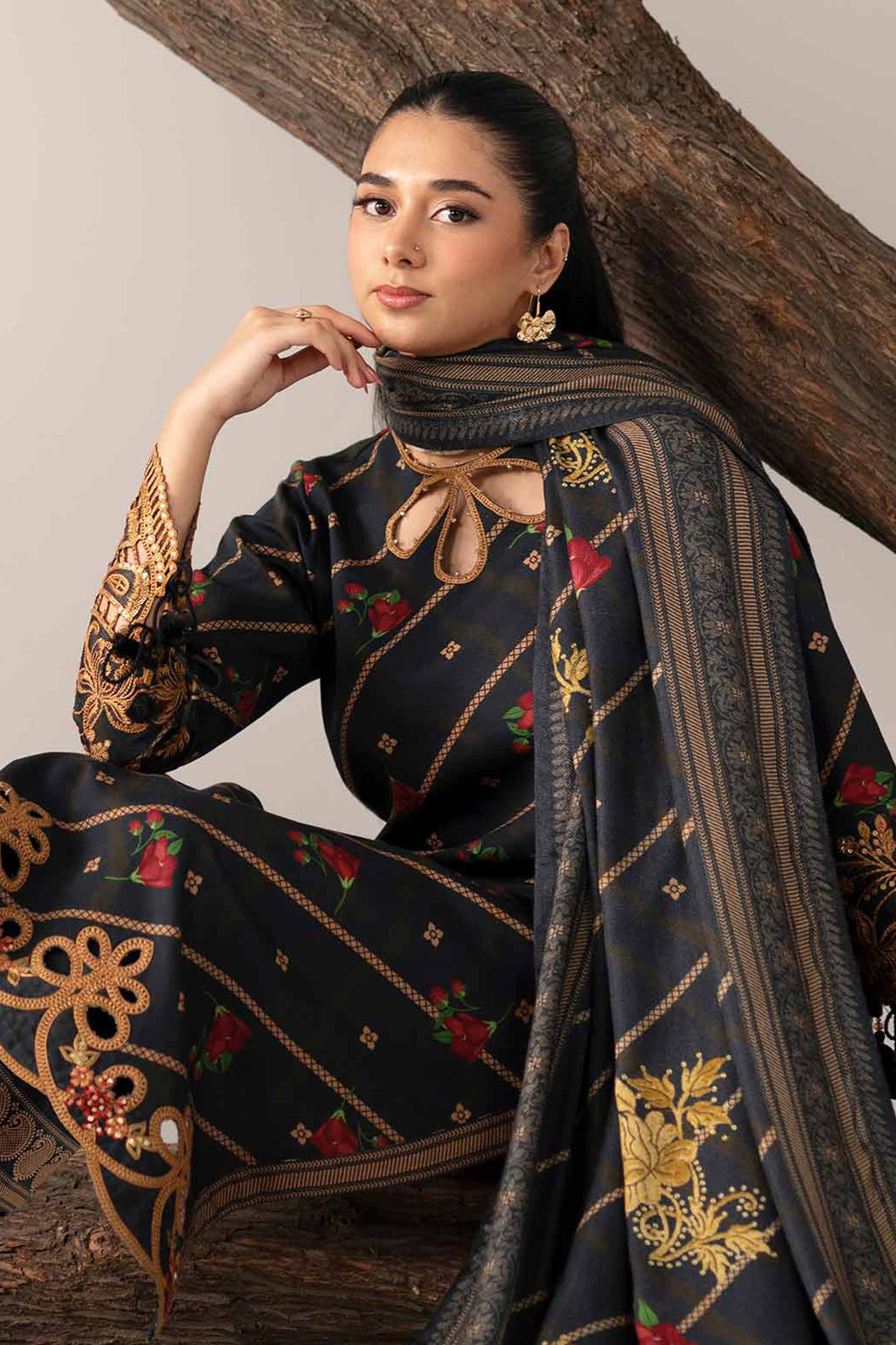 NishatUAE -  Black Embroidered Khaddar 3-piece Unstitched Suit