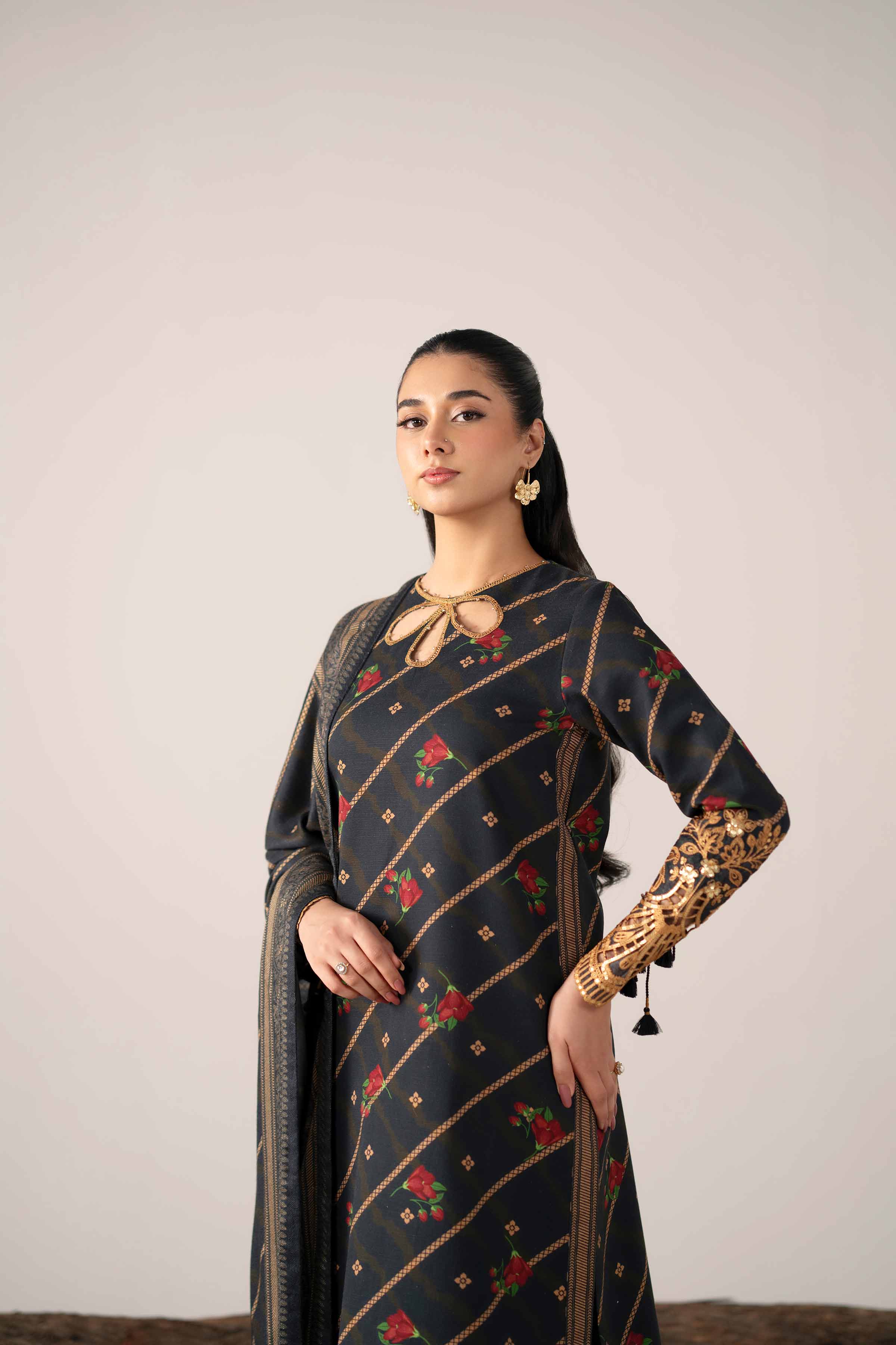 NishatUAE -  Black Embroidered Khaddar 3-piece Unstitched Suit