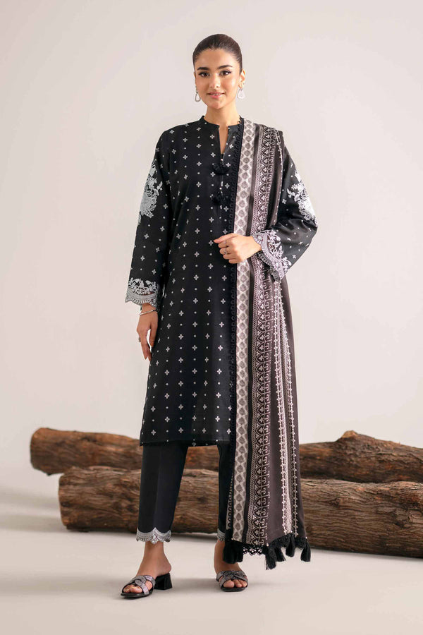 NishatUAE -  Black Embroidered Khaddar 3-piece Unstitched Suit