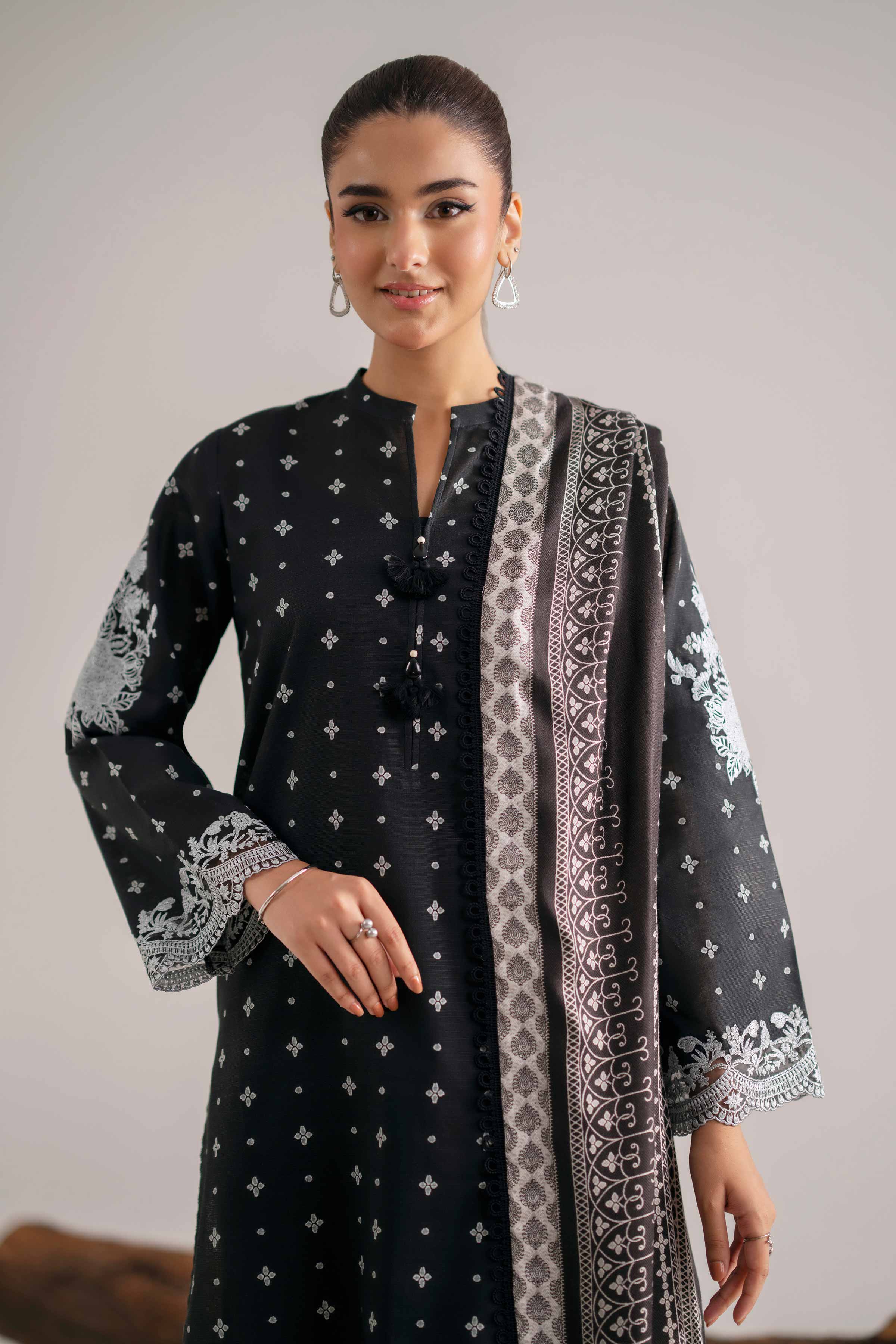 NishatUAE -  Black Embroidered Khaddar 3-piece Unstitched Suit