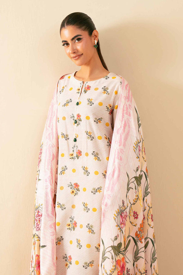 NISHATUAE - Peach & Off White Printed Khaddar 3-piece Unstitched Suit