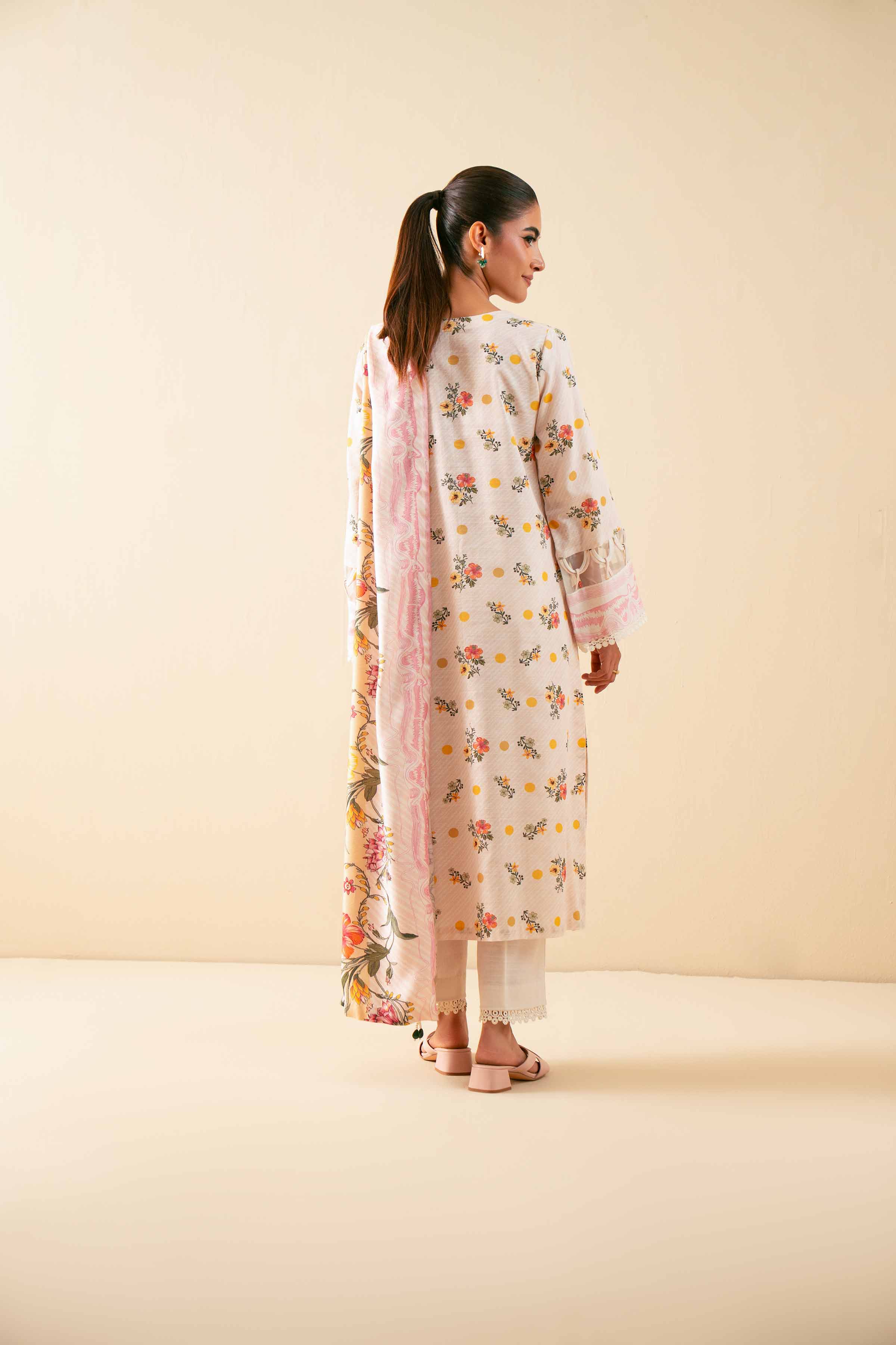 NISHATUAE - Peach & Off White Printed Khaddar 3-piece Unstitched Suit