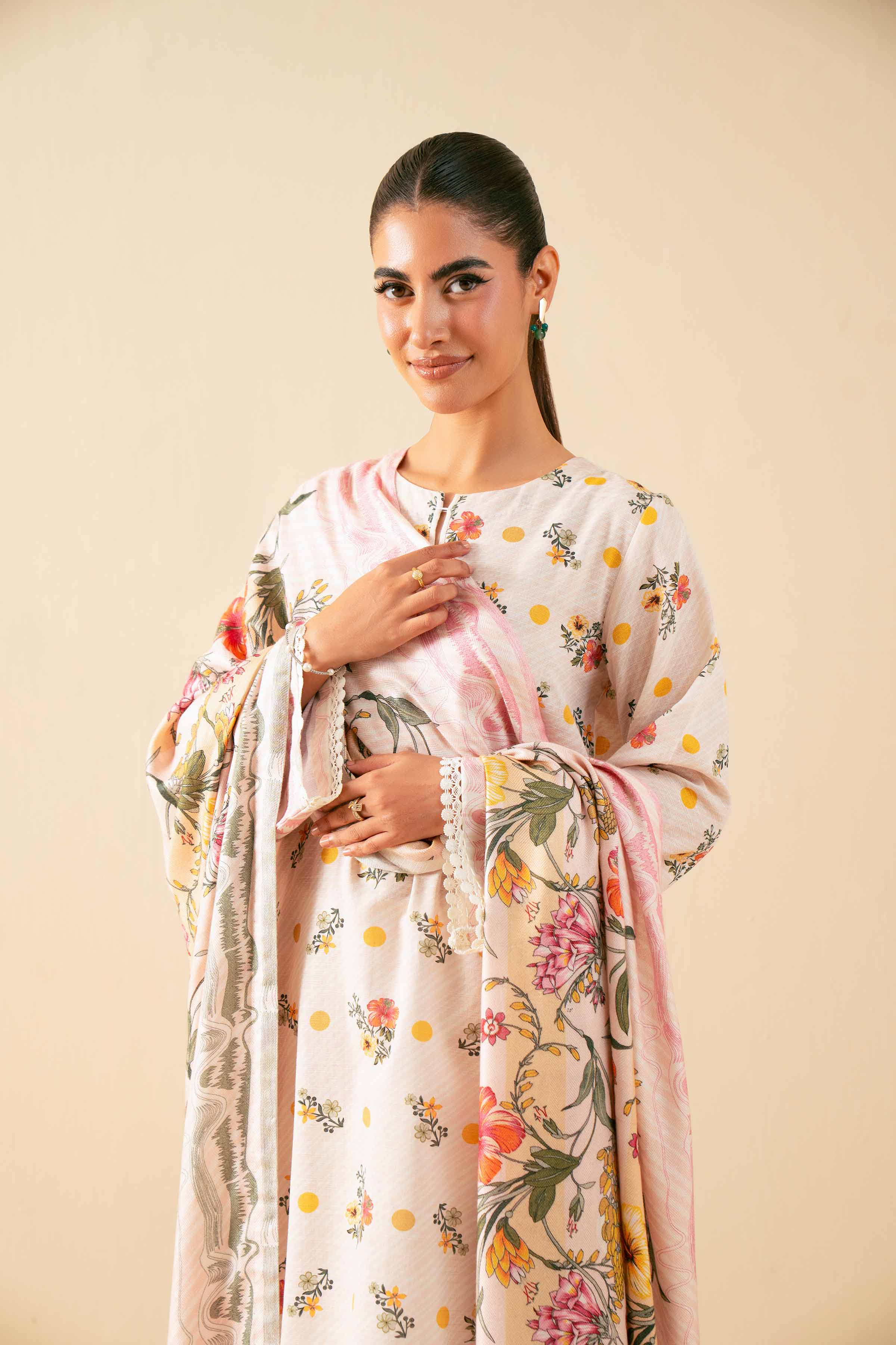 NISHATUAE - Peach & Off White Printed Khaddar 3-piece Unstitched Suit