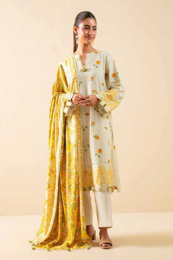NishatUAE - Beige Printed Khaddar 3-piece Unstitched Suit