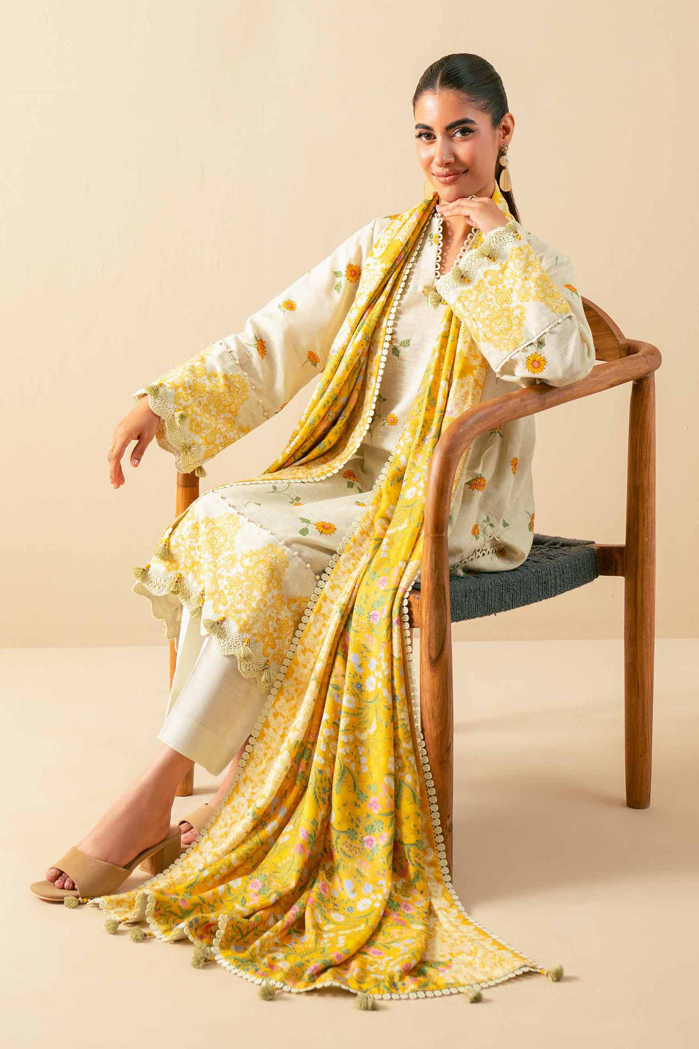 NishatUAE - Beige Printed Khaddar 3-piece Unstitched Suit