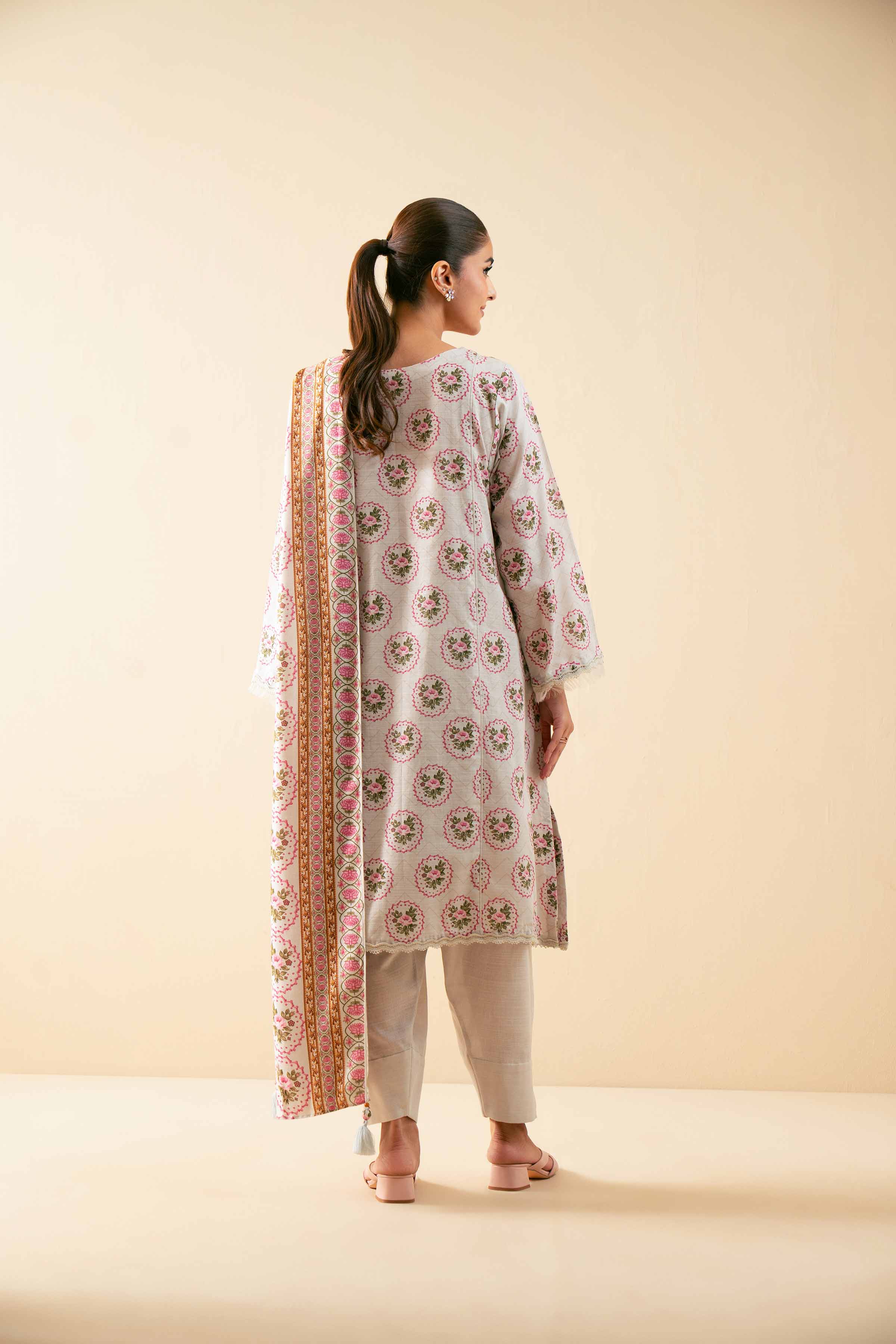 NISHATUAE - Beige Printed Khaddar 3-piece Unstitched Suit