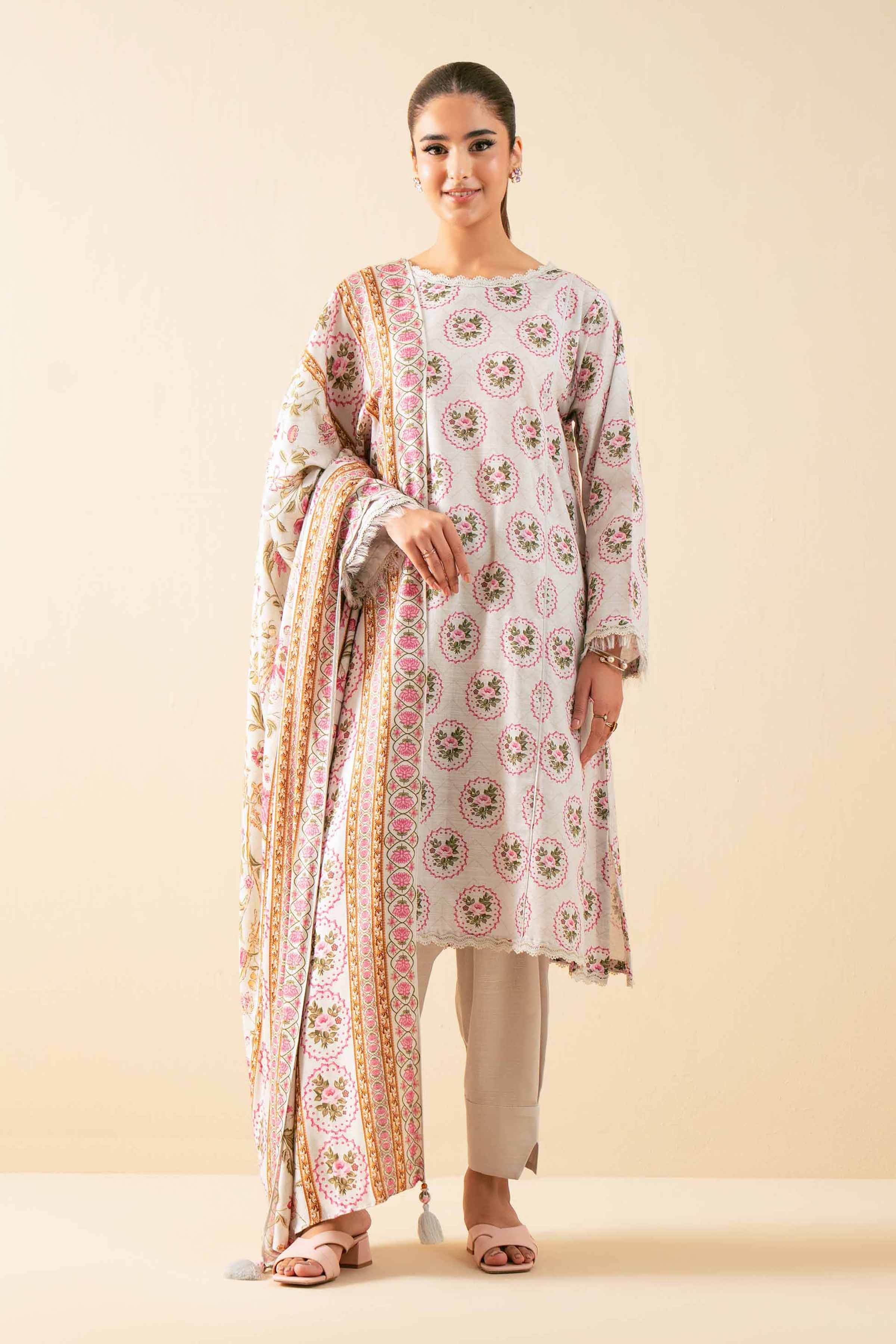 NISHATUAE - Beige Printed Khaddar 3-piece Unstitched Suit