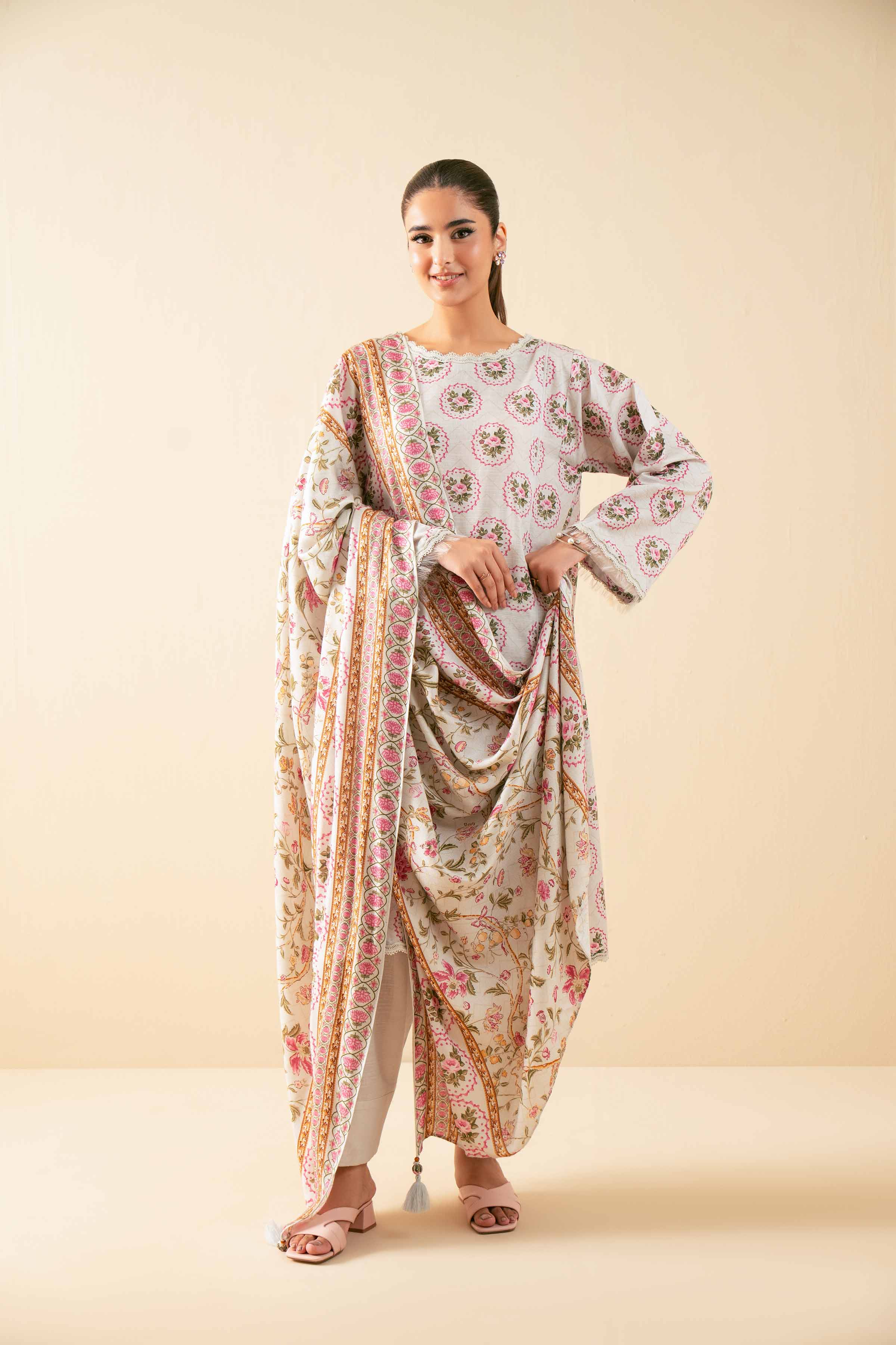 NISHATUAE - Beige Printed Khaddar 3-piece Unstitched Suit