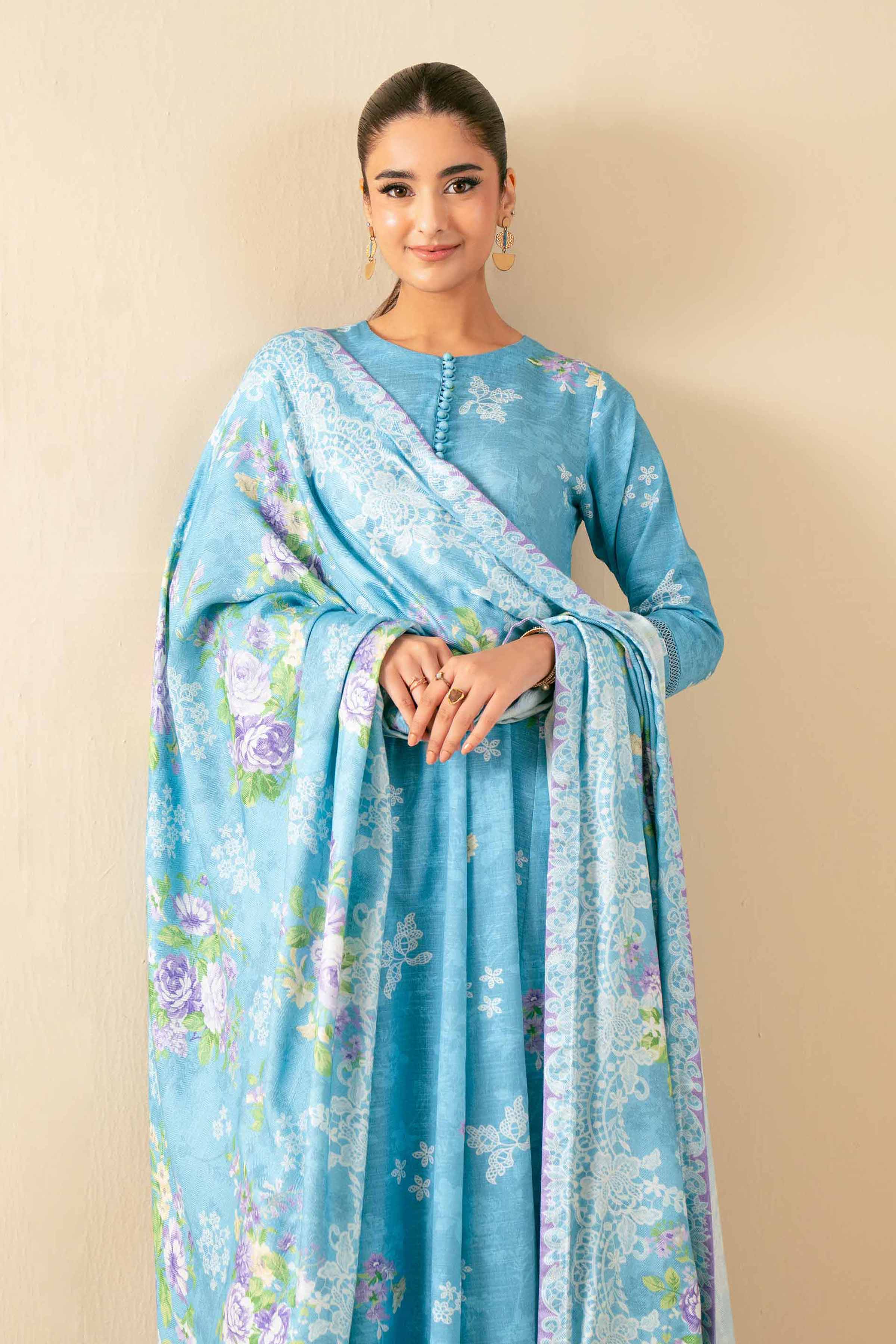 NISHATUAE - Blue Printed Khaddar 3-piece Unstitched Suit