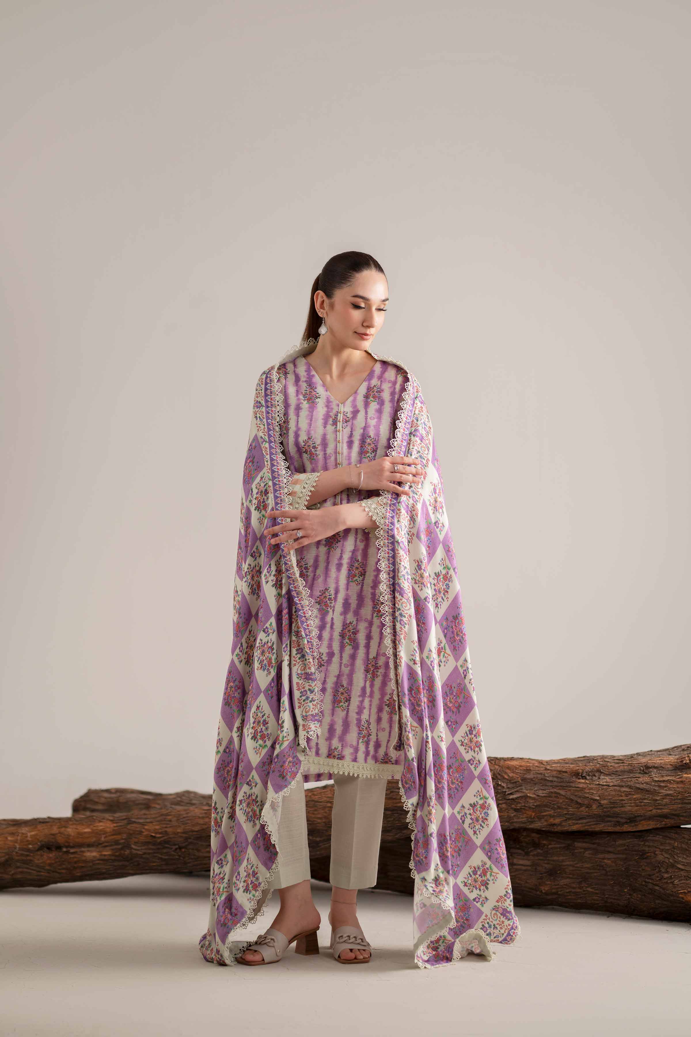 NISHATUAE - Cream & Purple Printed Khaddar 3-piece Unstitched Suit
