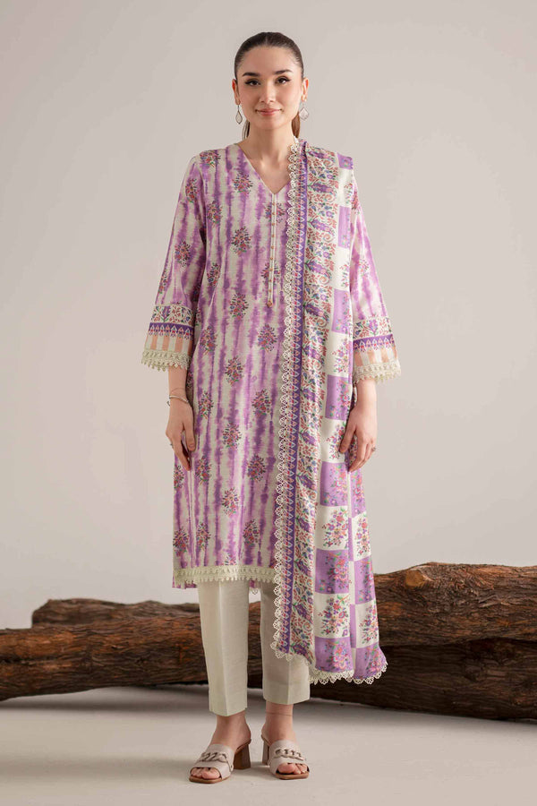 NISHATUAE - Cream & Purple Printed Khaddar 3-piece Unstitched Suit