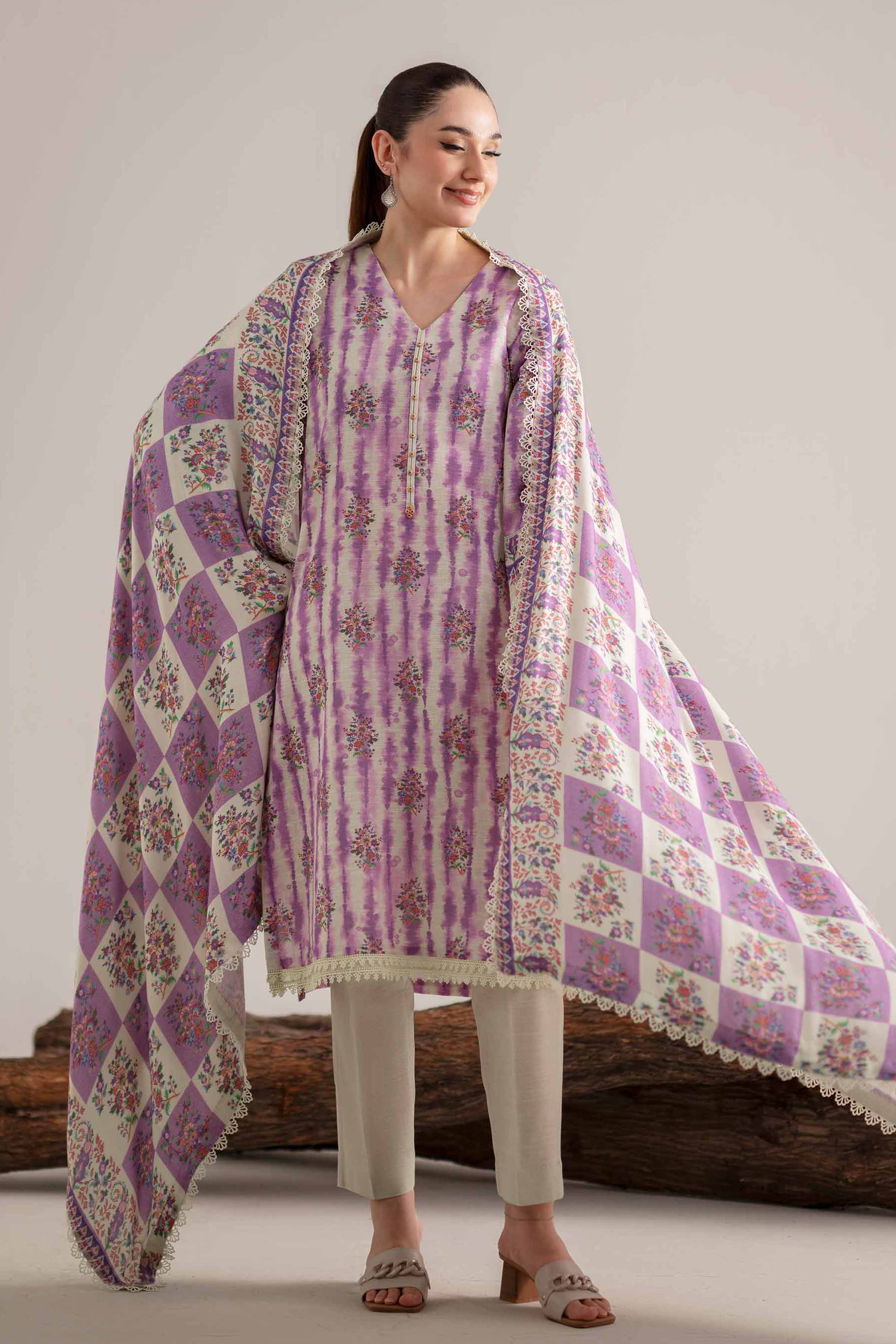 NISHATUAE - Cream & Purple Printed Khaddar 3-piece Unstitched Suit