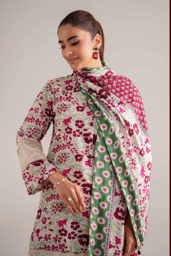 NISHATUAE - Light Beige & Magenta Printed Khaddar 3-piece Unstitched Suit