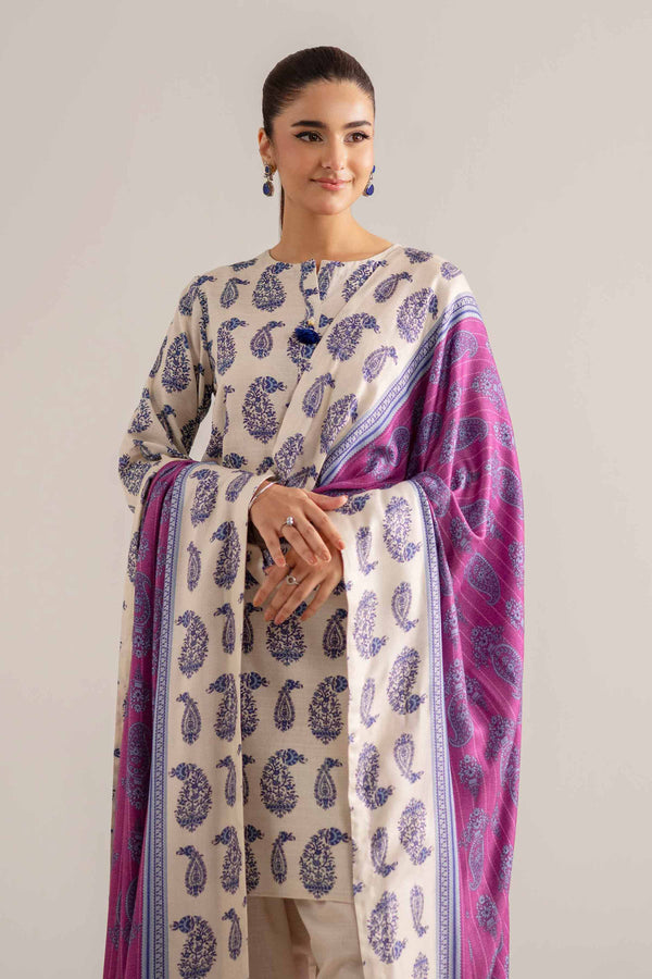 NISHATUAE - Beige & Purple Printed Khaddar 3-piece Unstitched Suit