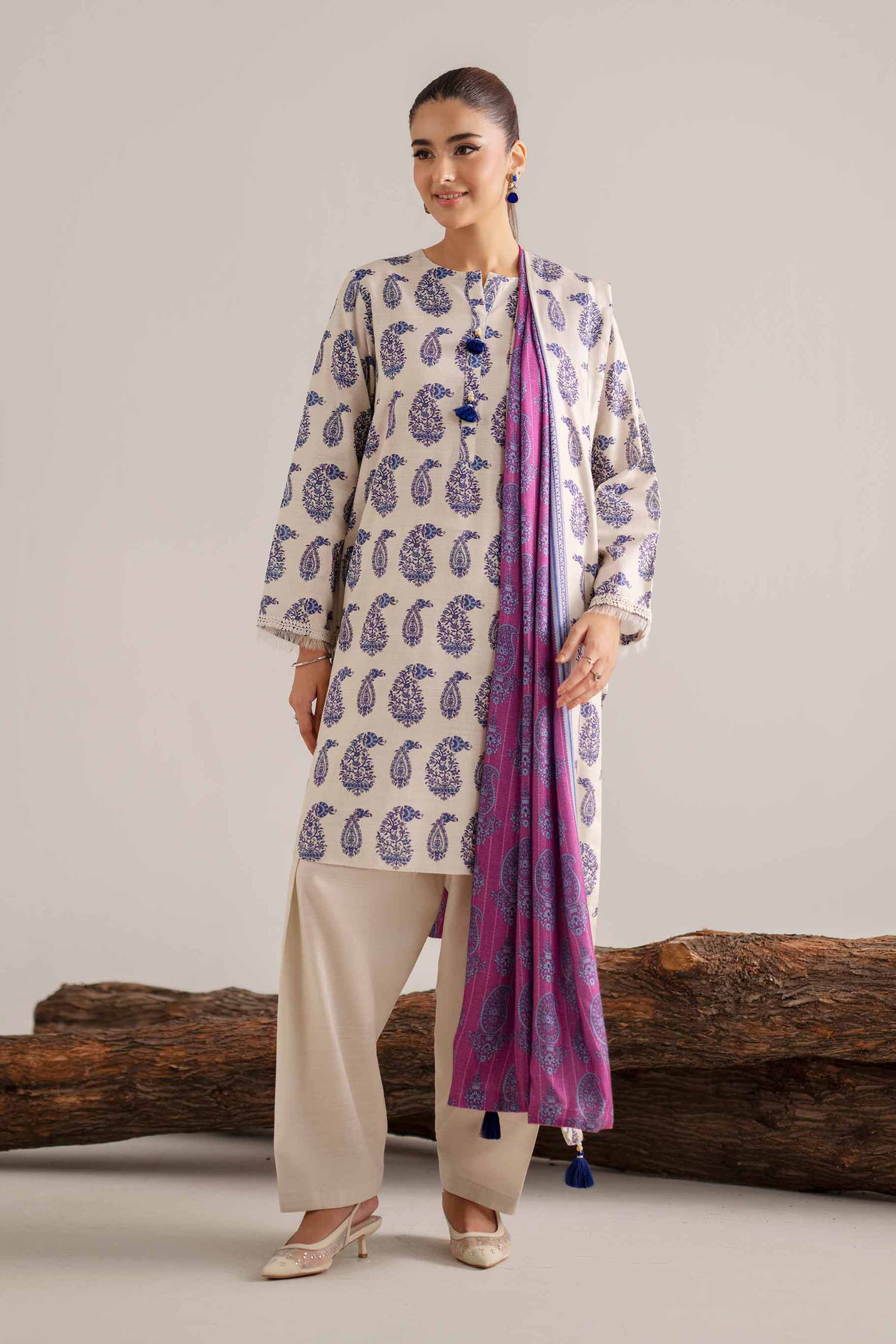 NISHATUAE - Beige & Purple Printed Khaddar 3-piece Unstitched Suit