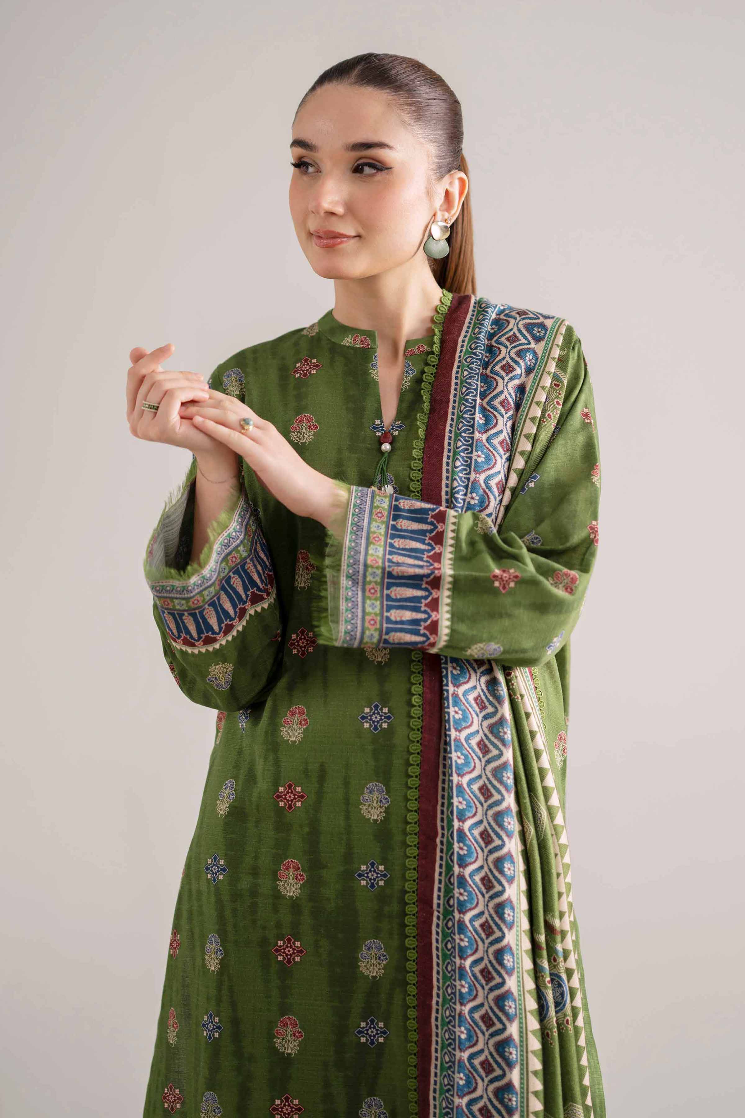 NISHATUAE - Green Printed Khaddar 3-piece Unstitched Suit