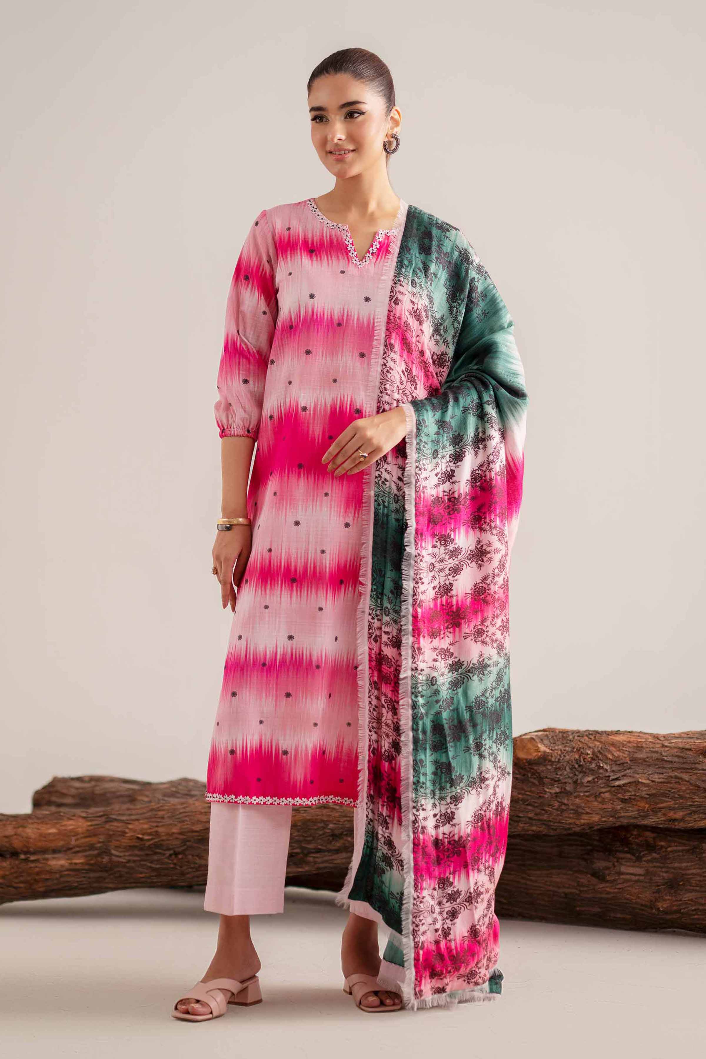 NishatUAE -  Pink Printed Khaddar 3-piece Unstitched Suit