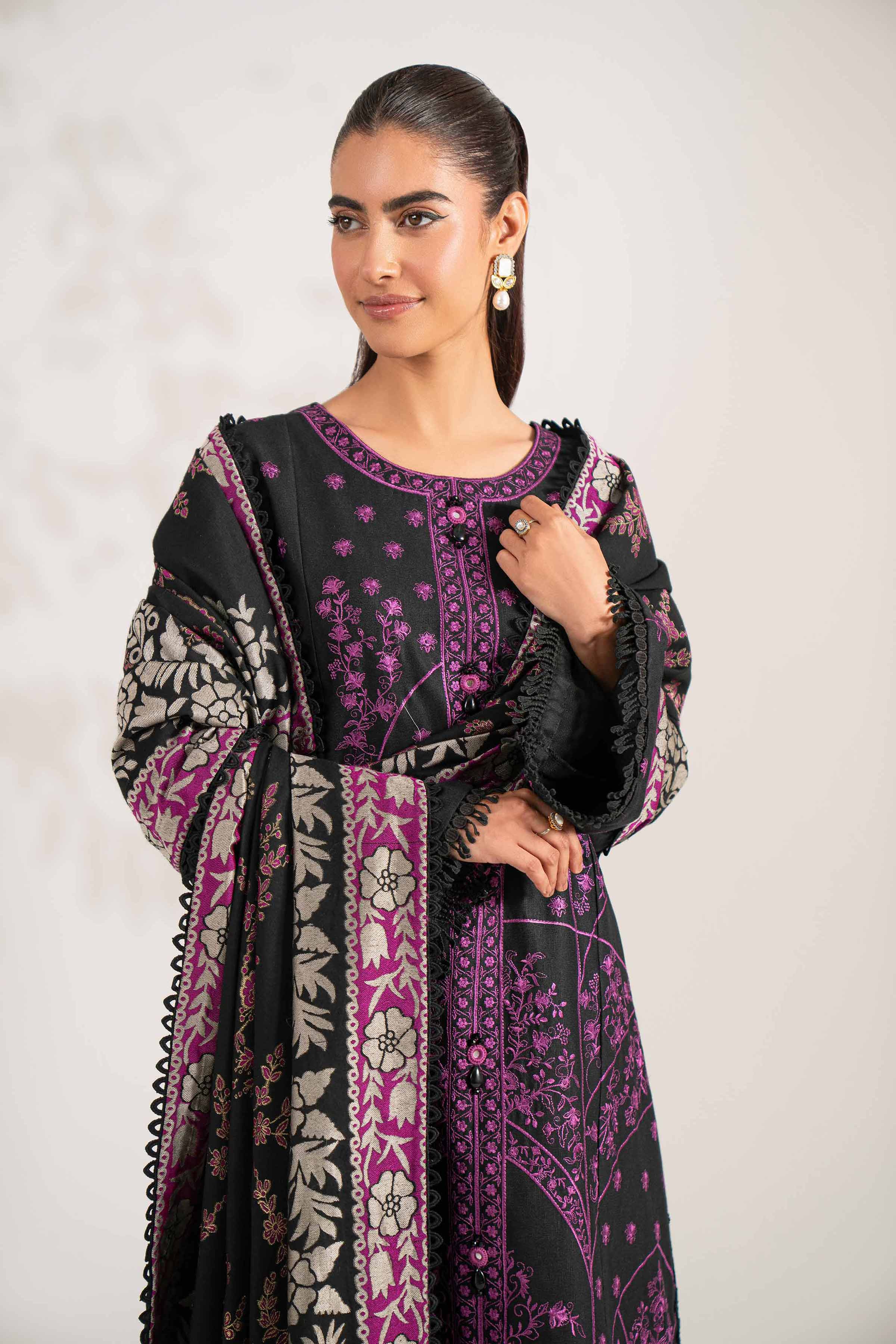 NishatUAE -  Black Embroidered Karandi 3-piece Unstitched Suit
