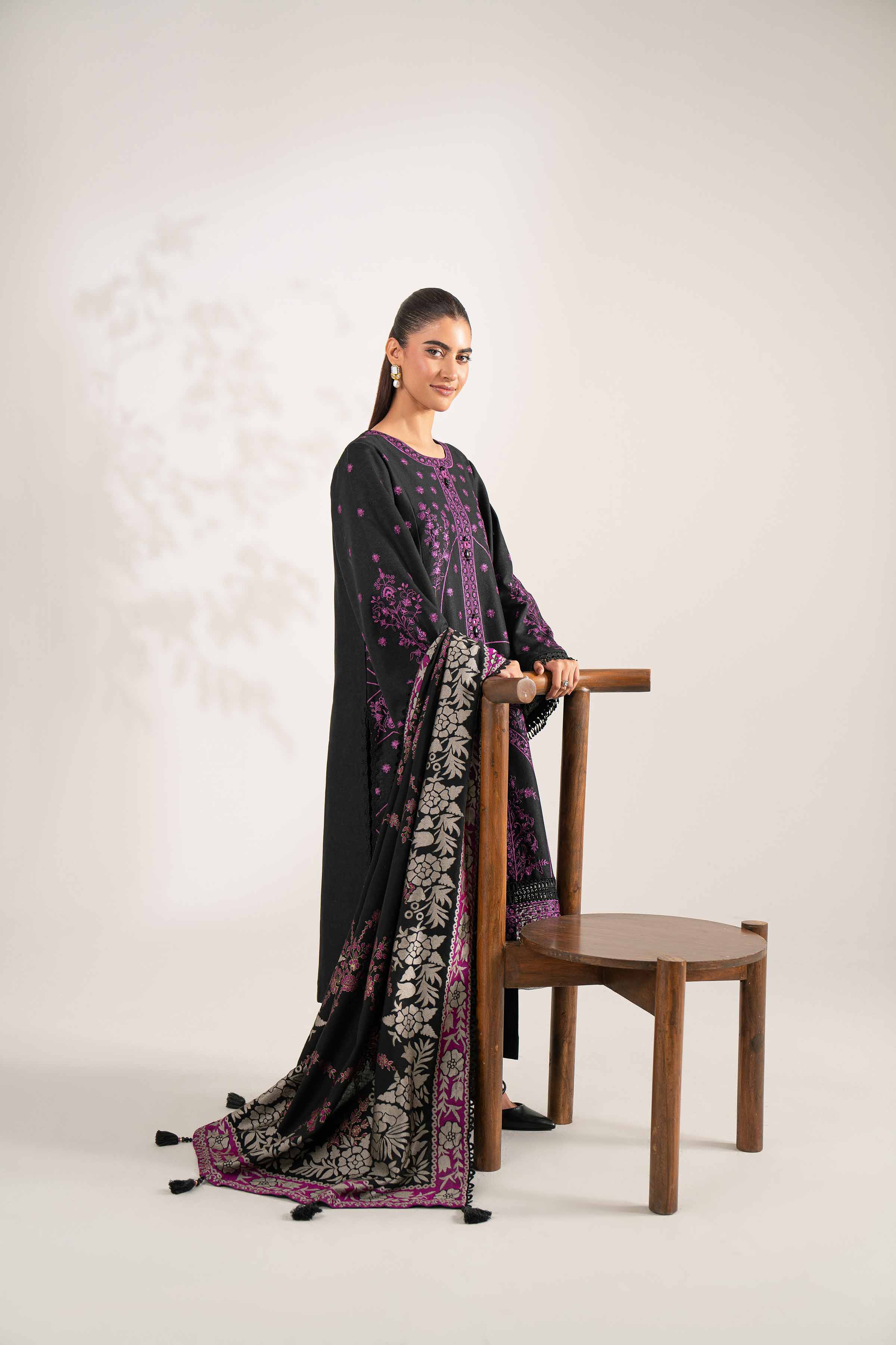 NishatUAE -  Black Embroidered Karandi 3-piece Unstitched Suit