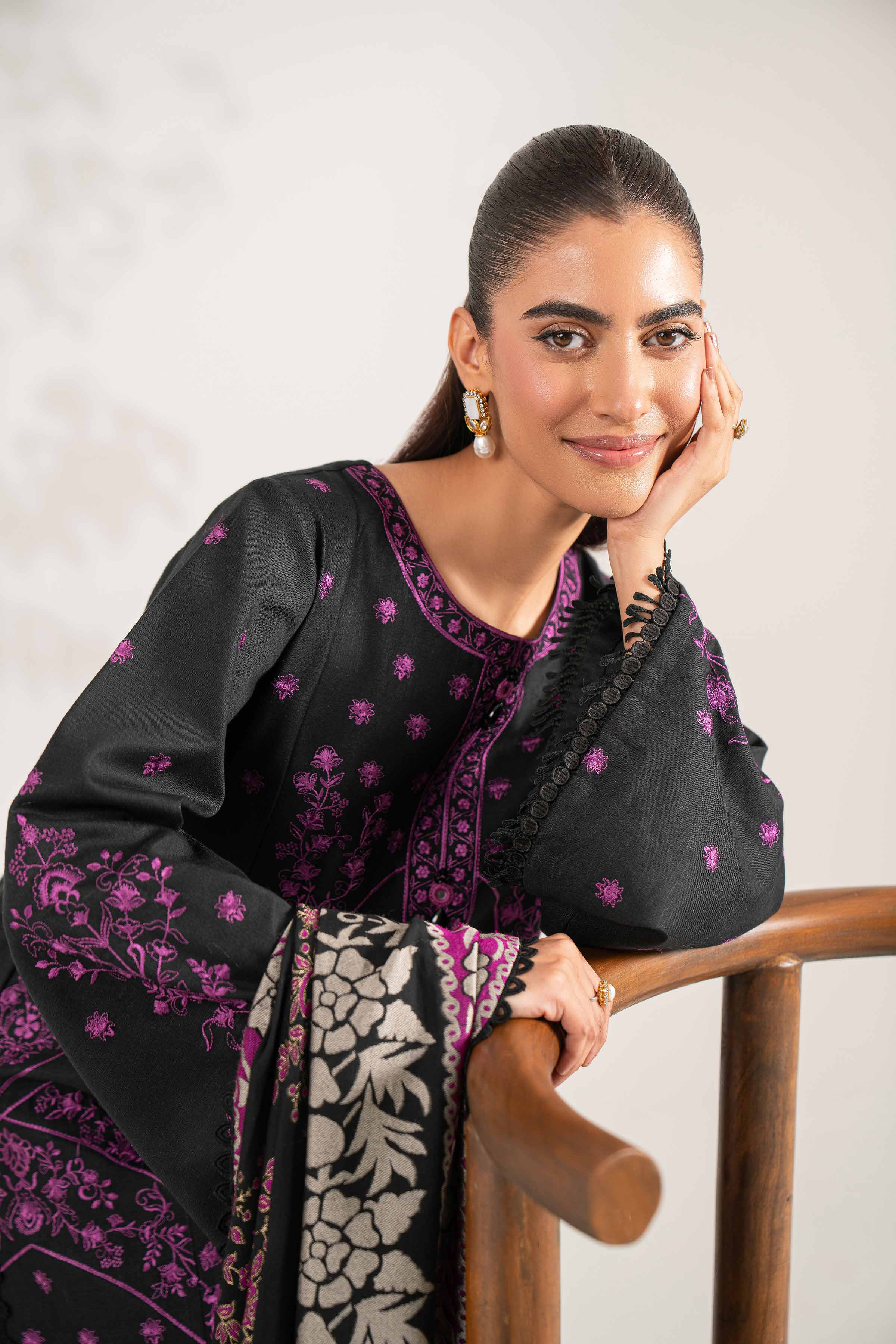 NishatUAE -  Black Embroidered Karandi 3-piece Unstitched Suit