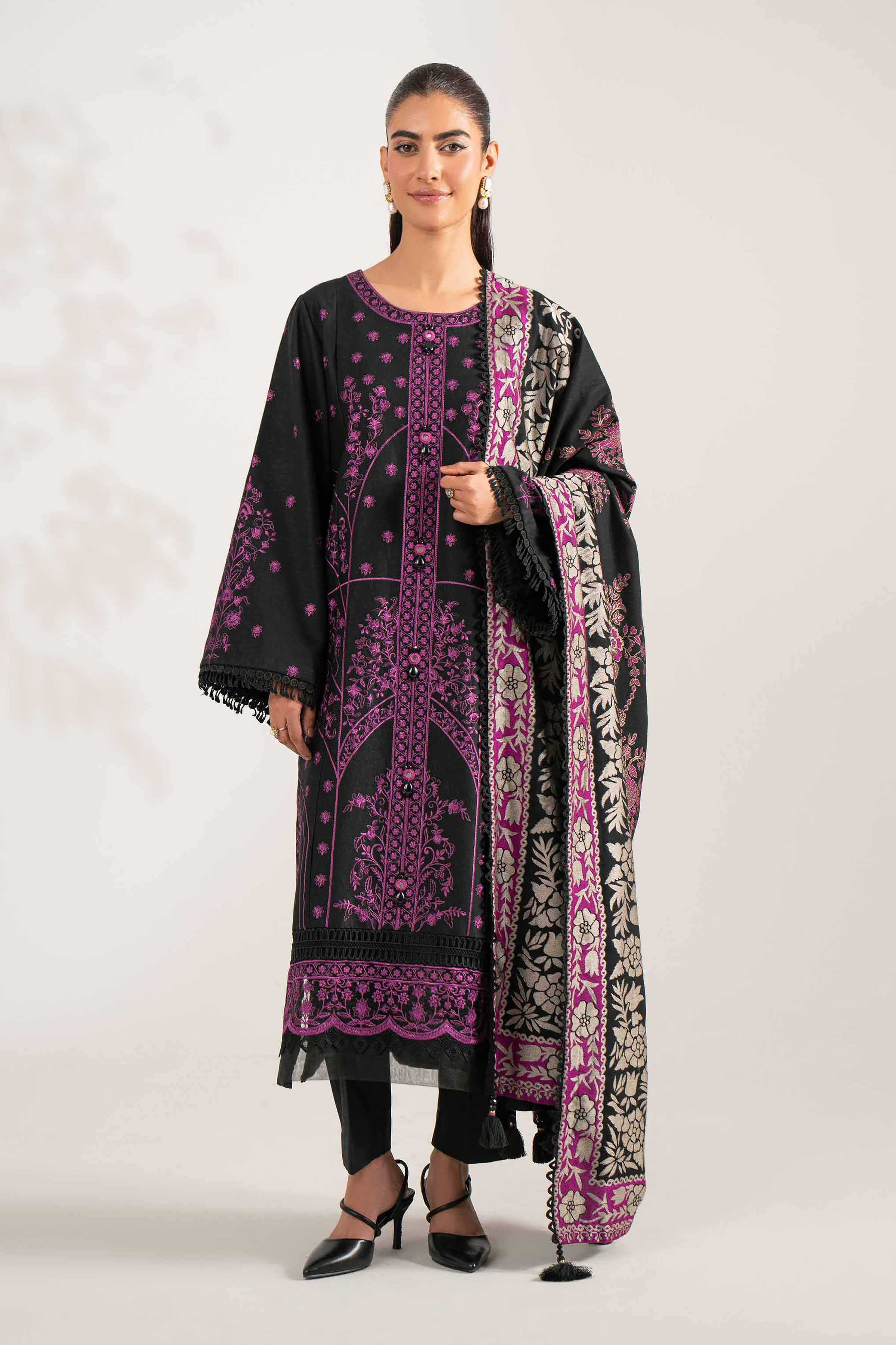 NishatUAE -  Black Embroidered Karandi 3-piece Unstitched Suit