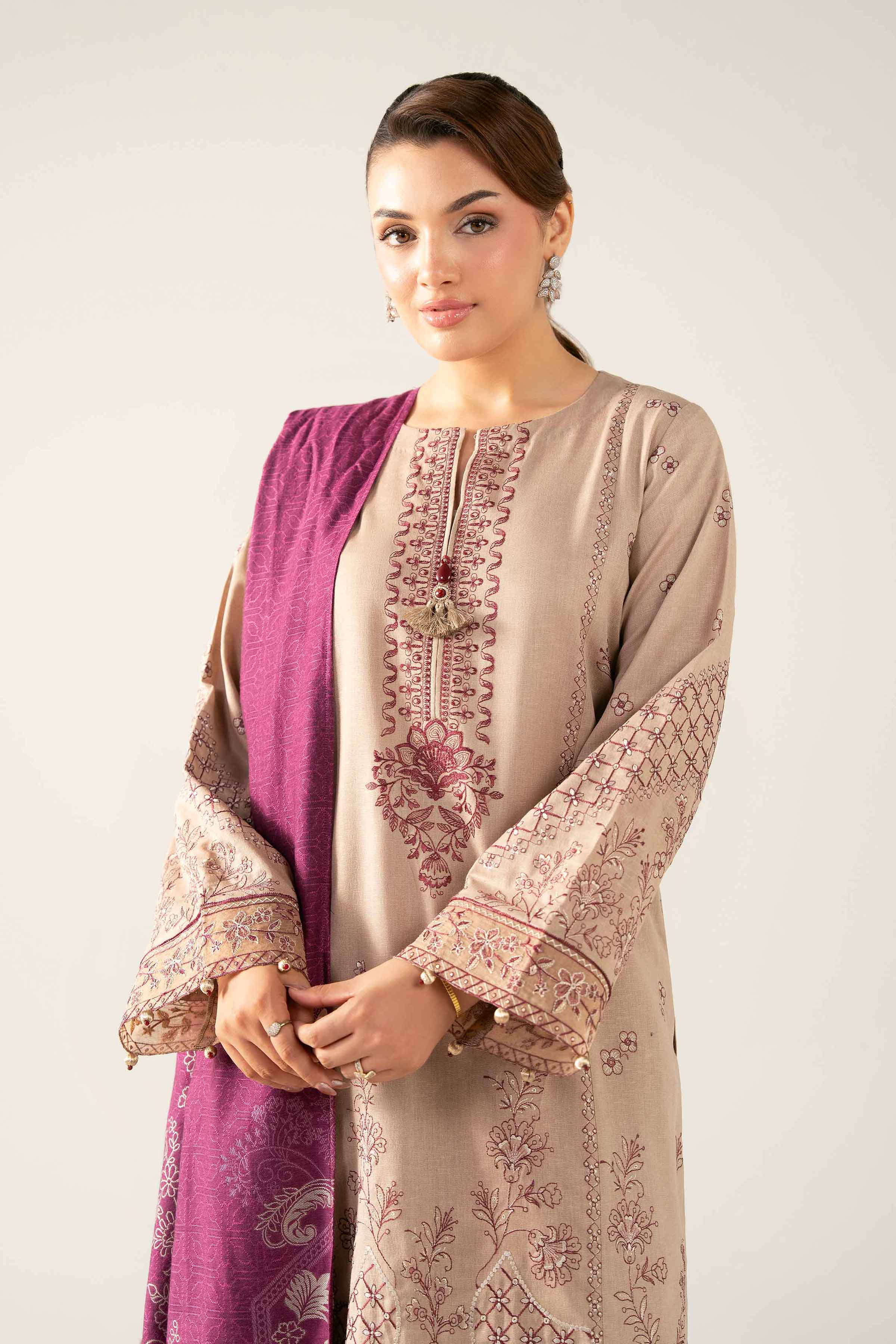 NishatUAE -  Beige Embroidered Karandi 3-piece Unstitched Suit