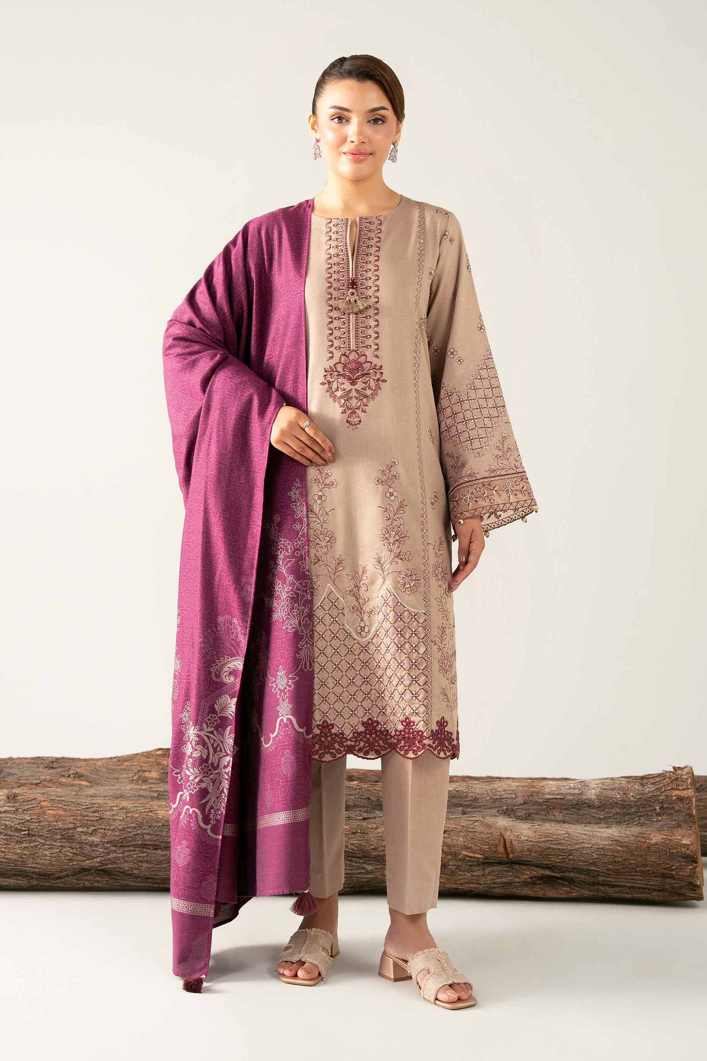 NishatUAE -  Beige Embroidered Karandi 3-piece Unstitched Suit