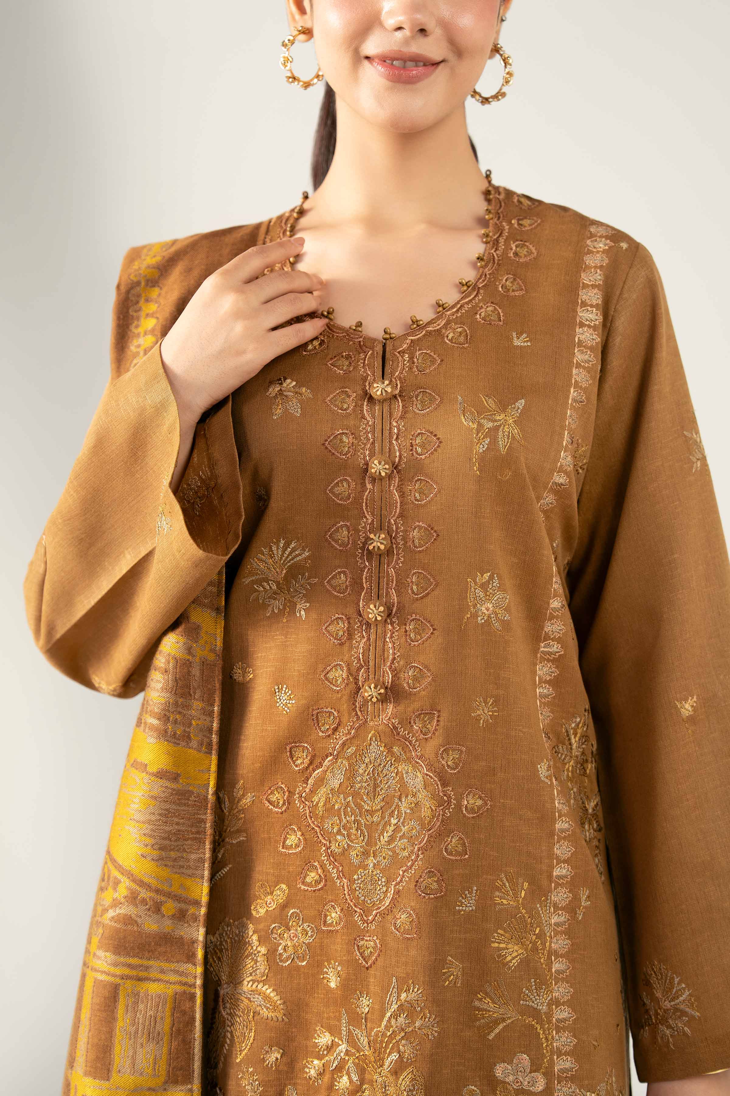 NishatUAE -  Brown Embroidered Karandi 3-piece Unstitched Suit