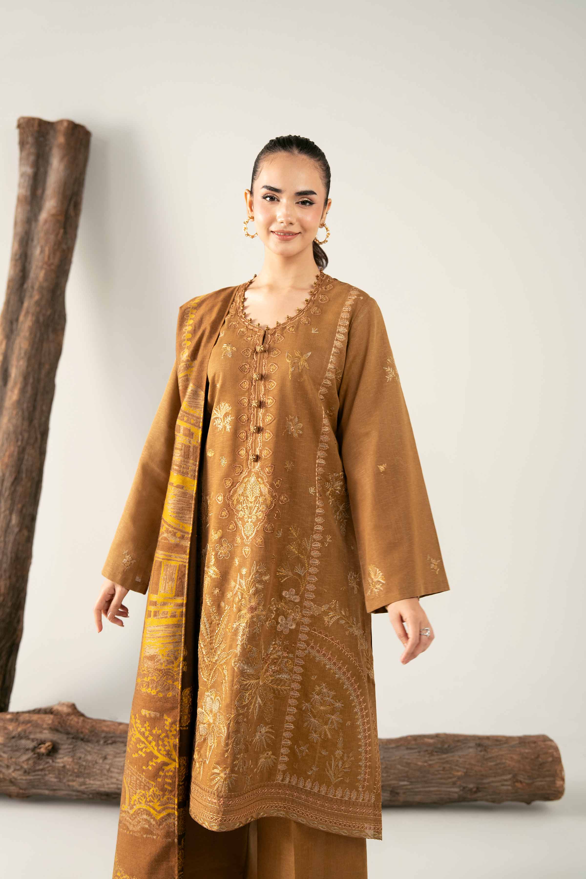 NishatUAE -  Brown Embroidered Karandi 3-piece Unstitched Suit