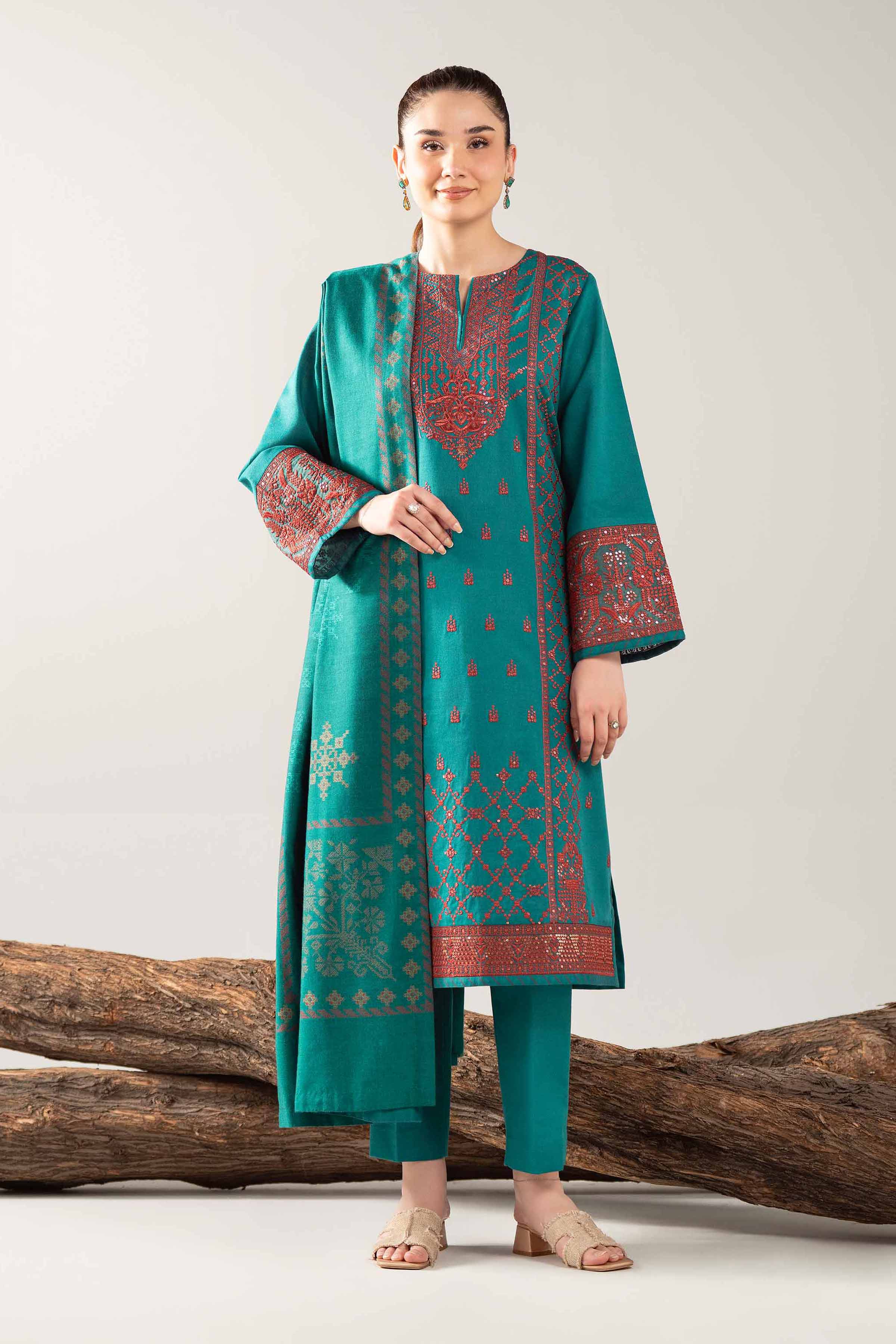 NishatUAE -  Green Embroidered Karandi 3-piece Unstitched Suit
