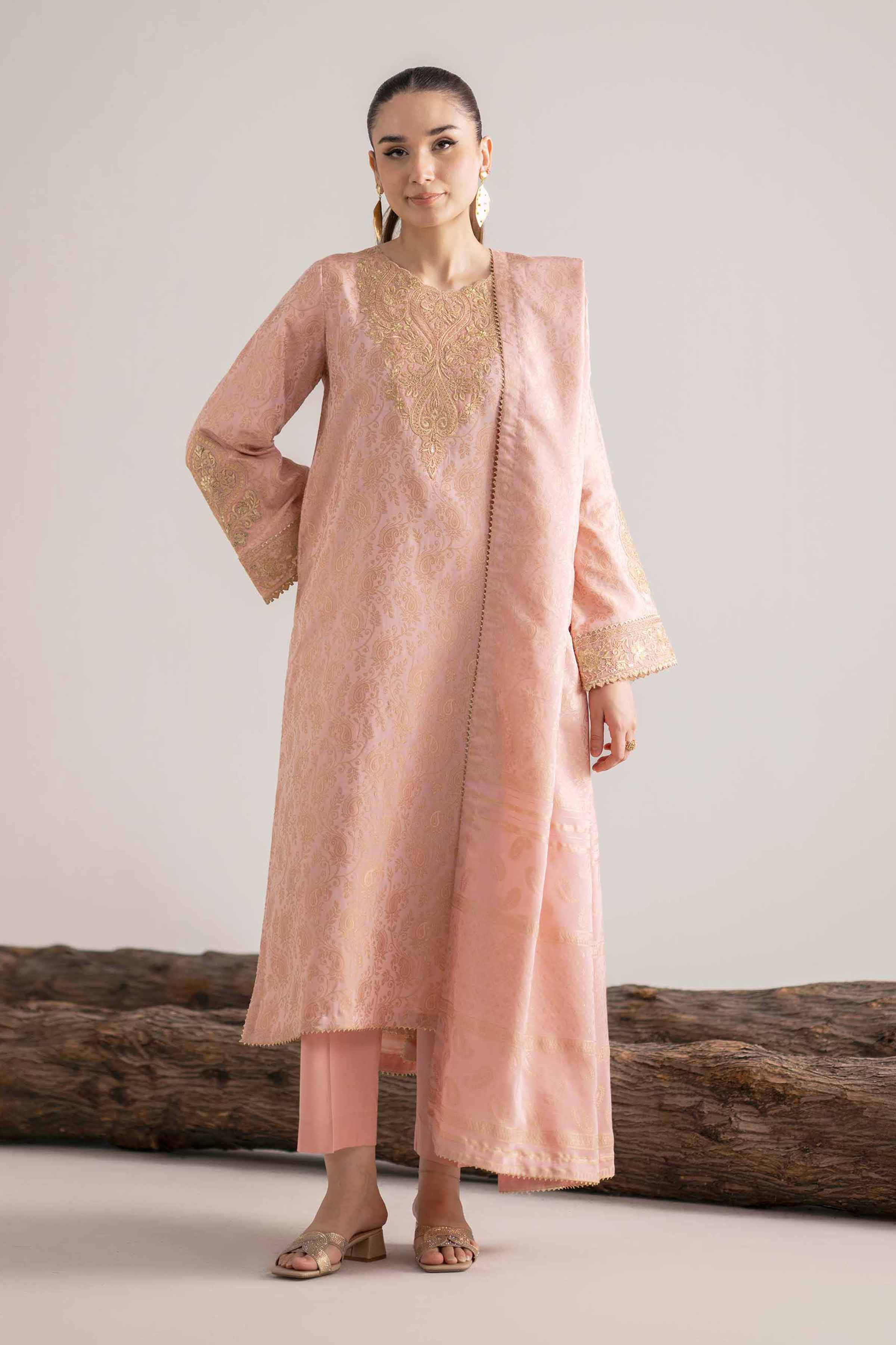 NishatUAE -  Pink Embroidered Jacquard 3-piece Unstitched Suit