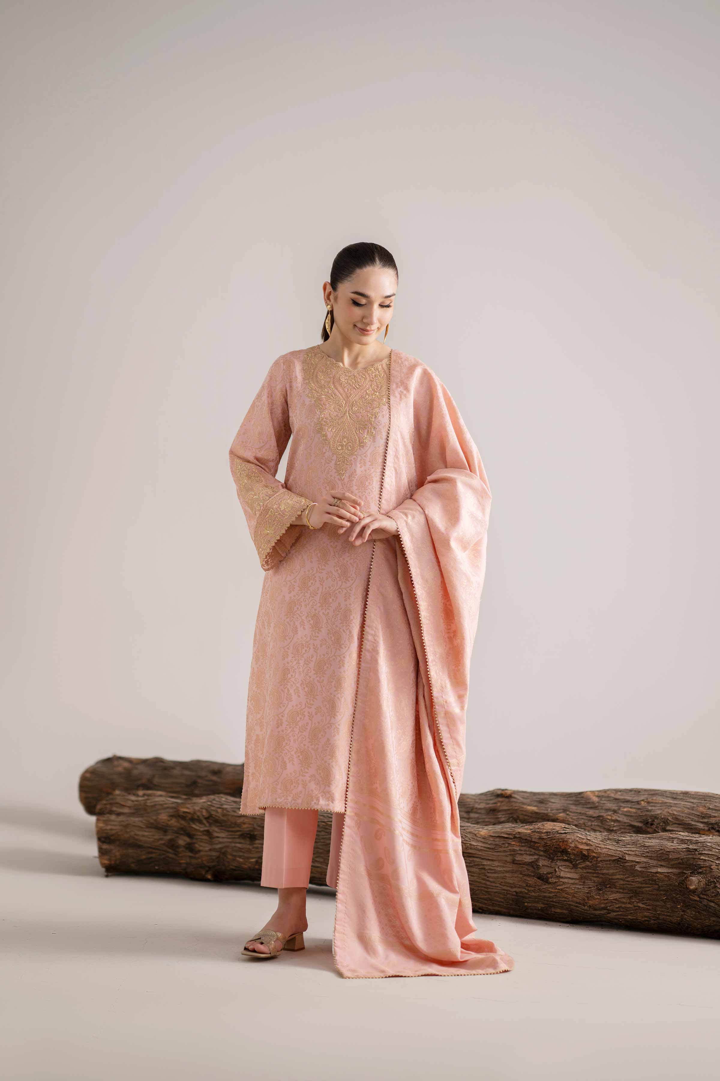 NishatUAE -  Pink Embroidered Jacquard 3-piece Unstitched Suit