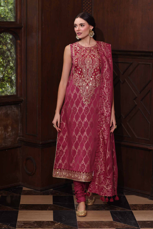 NishatUAE -  Maroon Embroidered Jacquard 3-piece Unstitched Suit