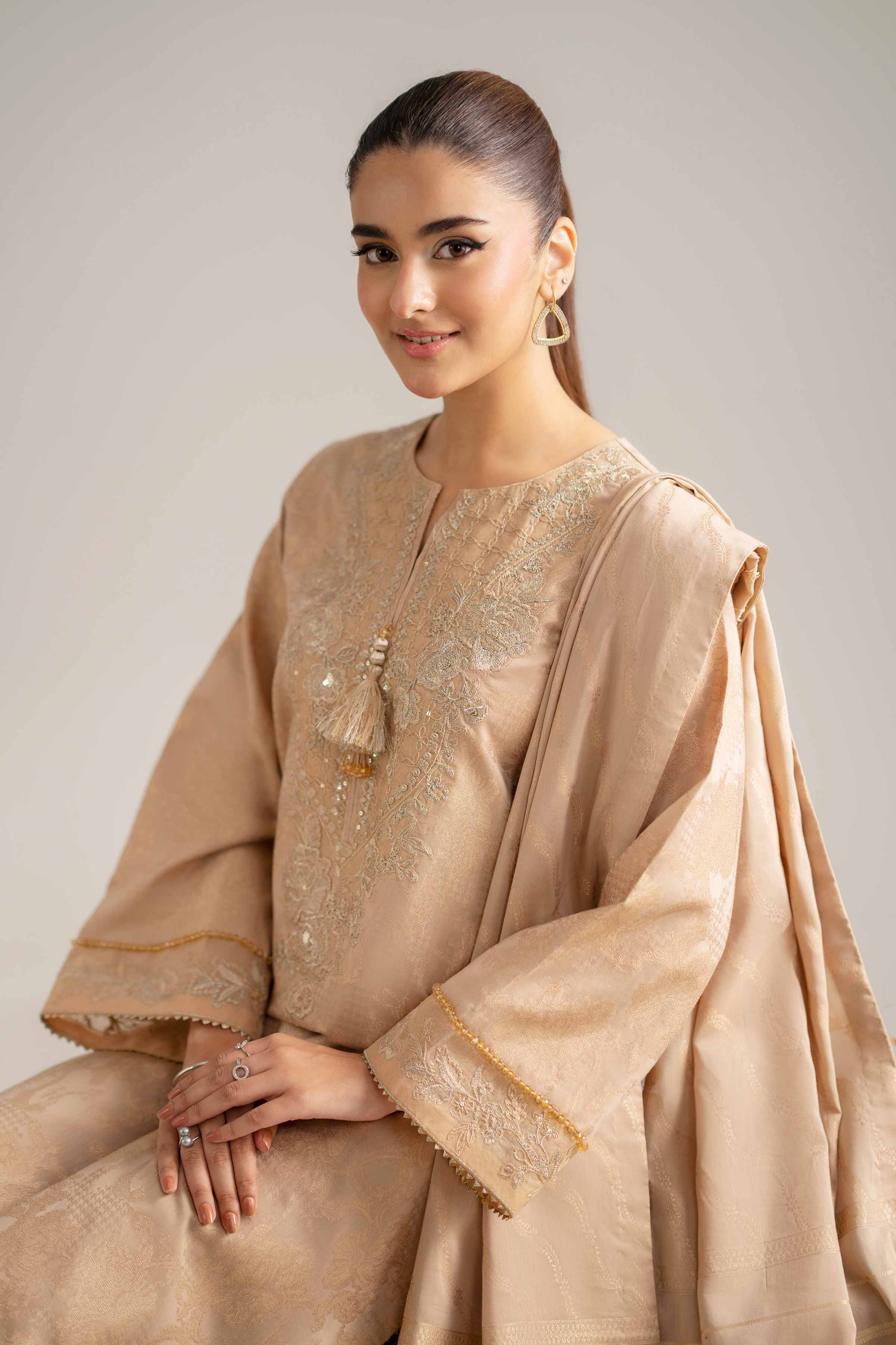NishatUAE -  Beige Embroidered Jacquard 3-piece Unstitched Suit