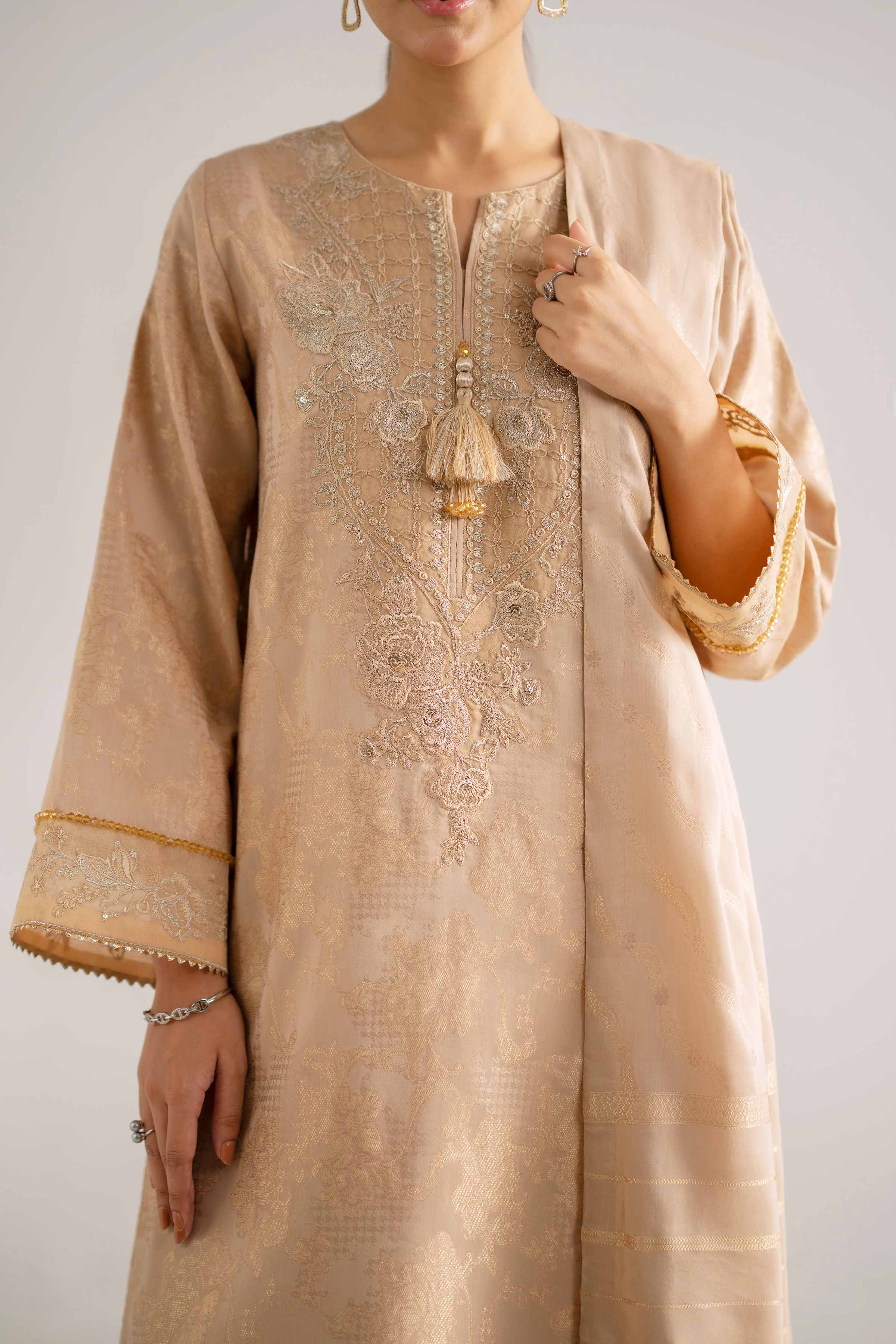 NishatUAE -  Beige Embroidered Jacquard 3-piece Unstitched Suit