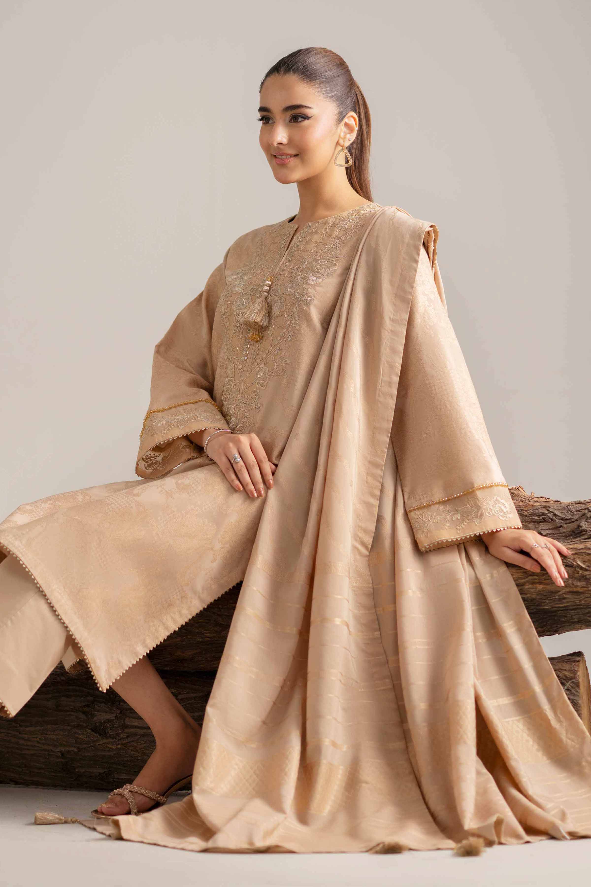 NishatUAE -  Beige Embroidered Jacquard 3-piece Unstitched Suit