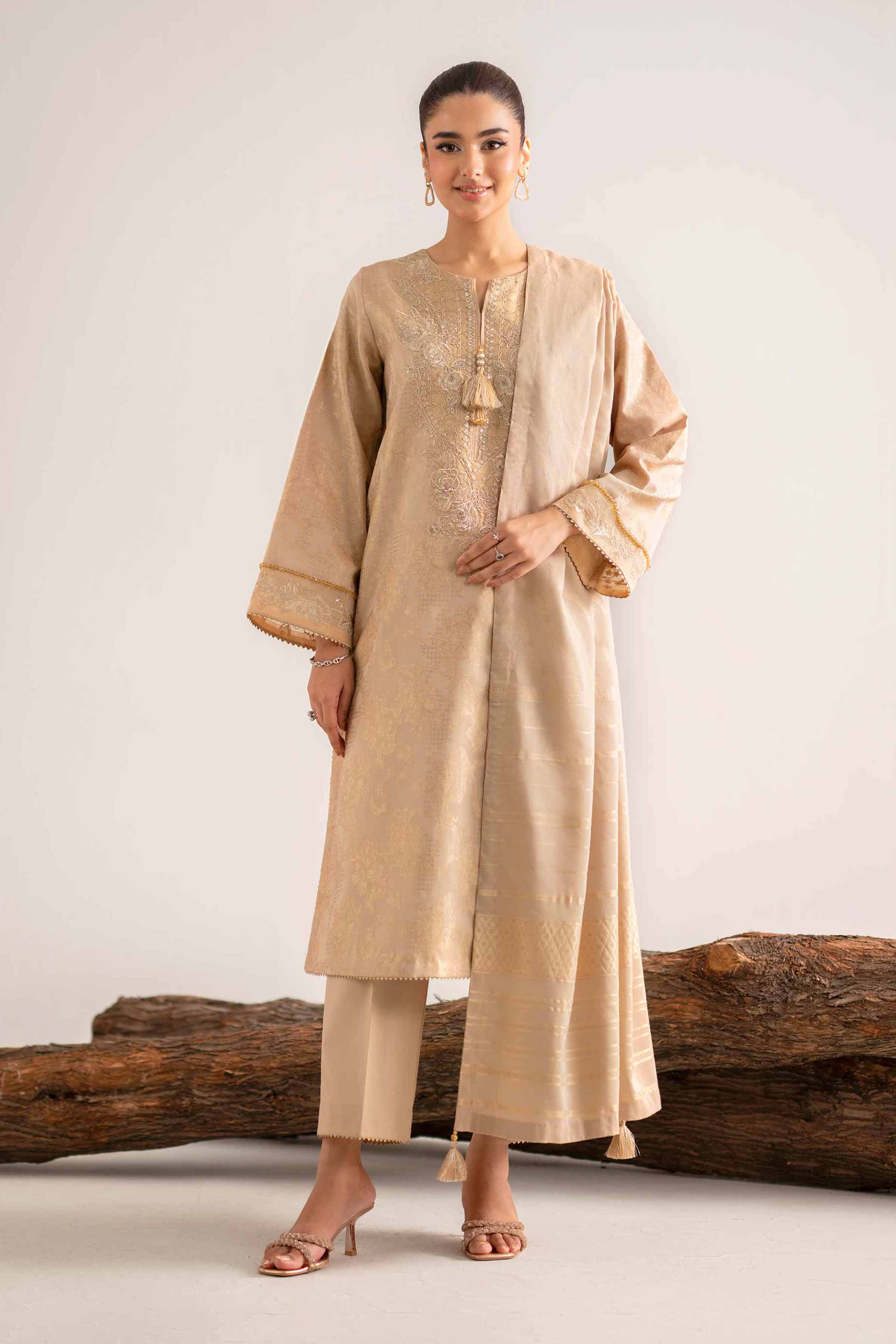 NishatUAE -  Beige Embroidered Jacquard 3-piece Unstitched Suit