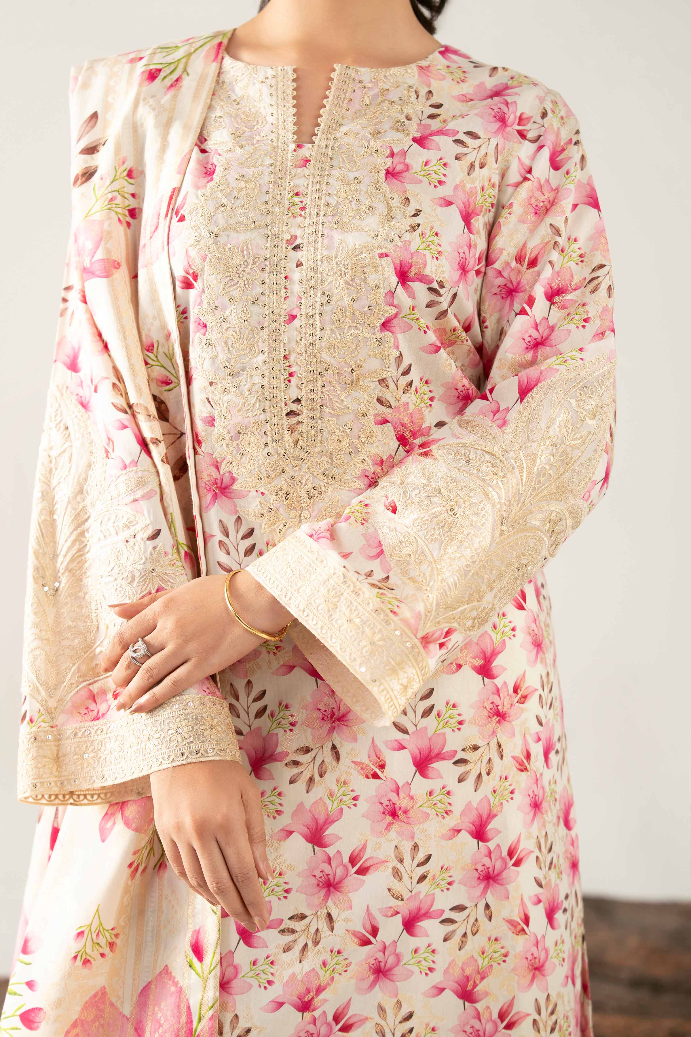 NishatUAE -  Cream & Pink Embroidered Jacquard 3-piece Unstitched Suit