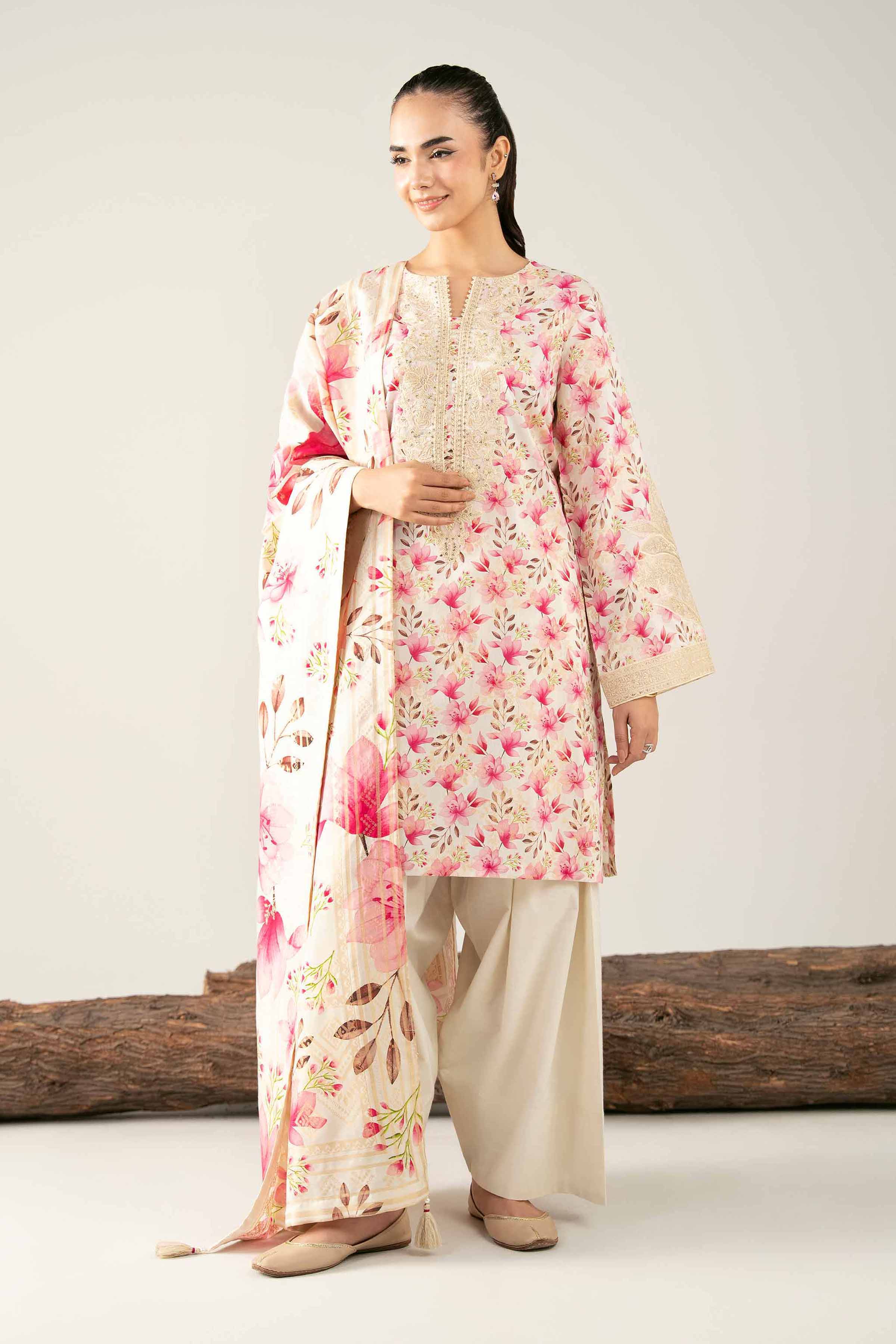 NishatUAE -  Cream & Pink Embroidered Jacquard 3-piece Unstitched Suit