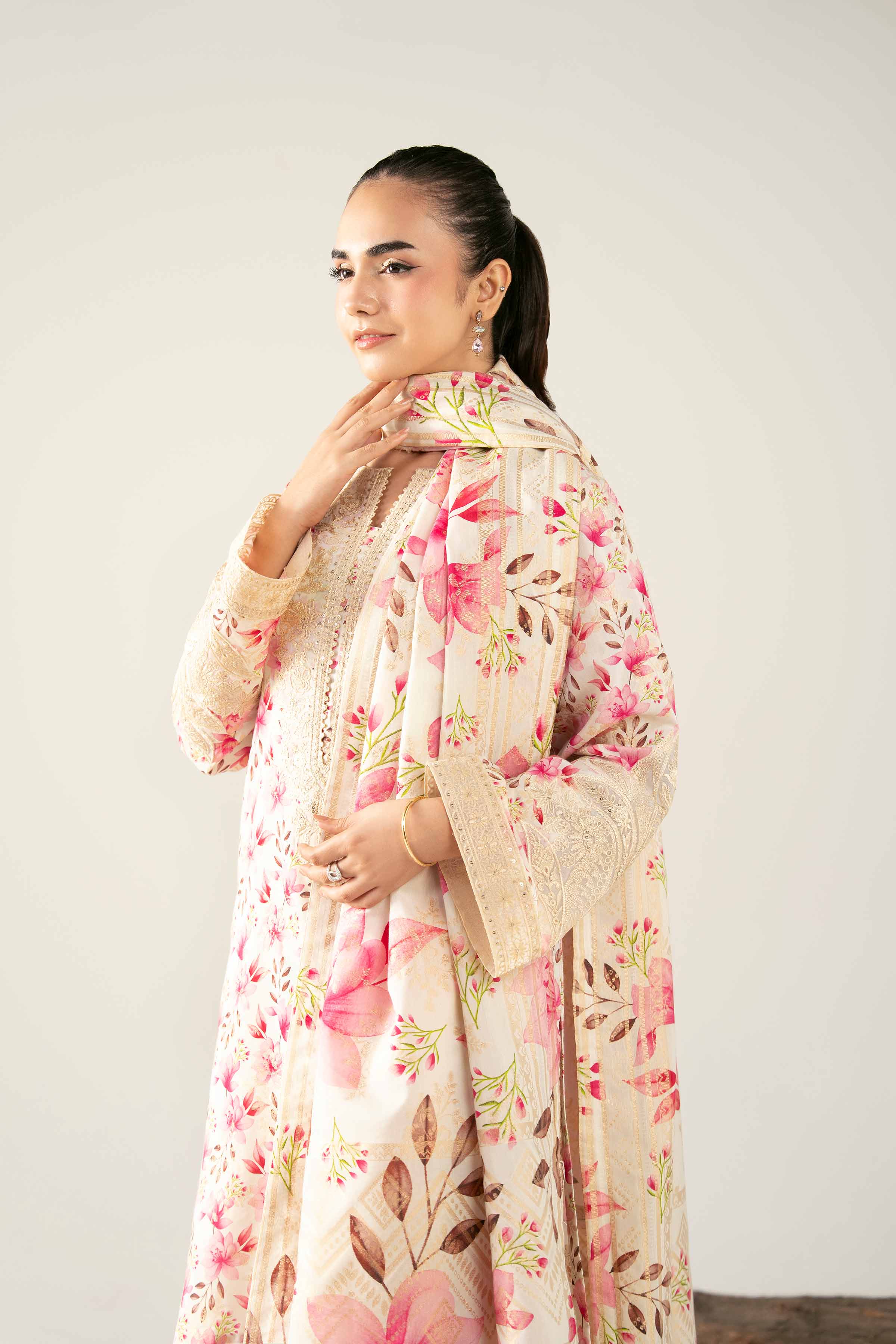 NishatUAE -  Cream & Pink Embroidered Jacquard 3-piece Unstitched Suit