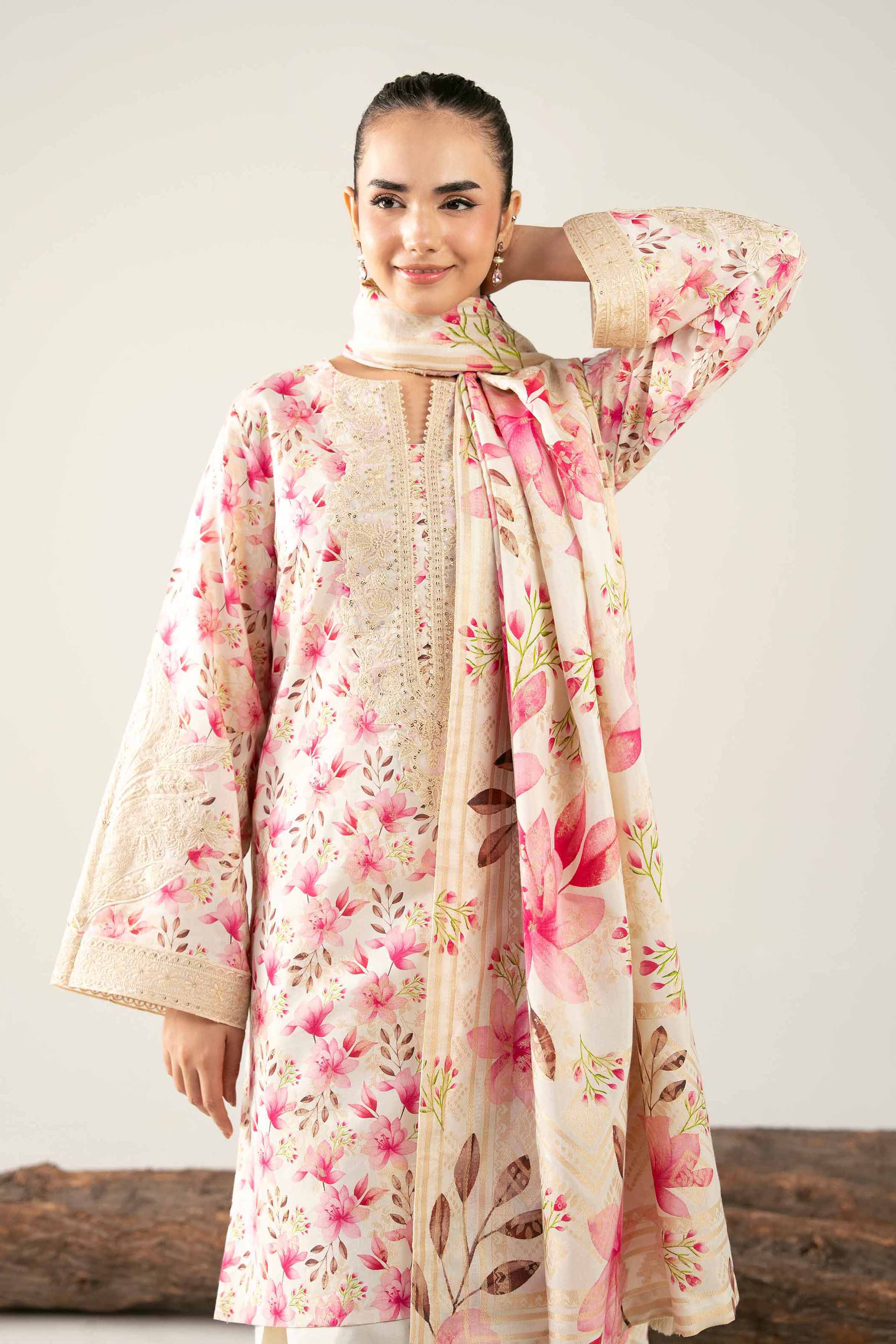 NishatUAE -  Cream & Pink Embroidered Jacquard 3-piece Unstitched Suit