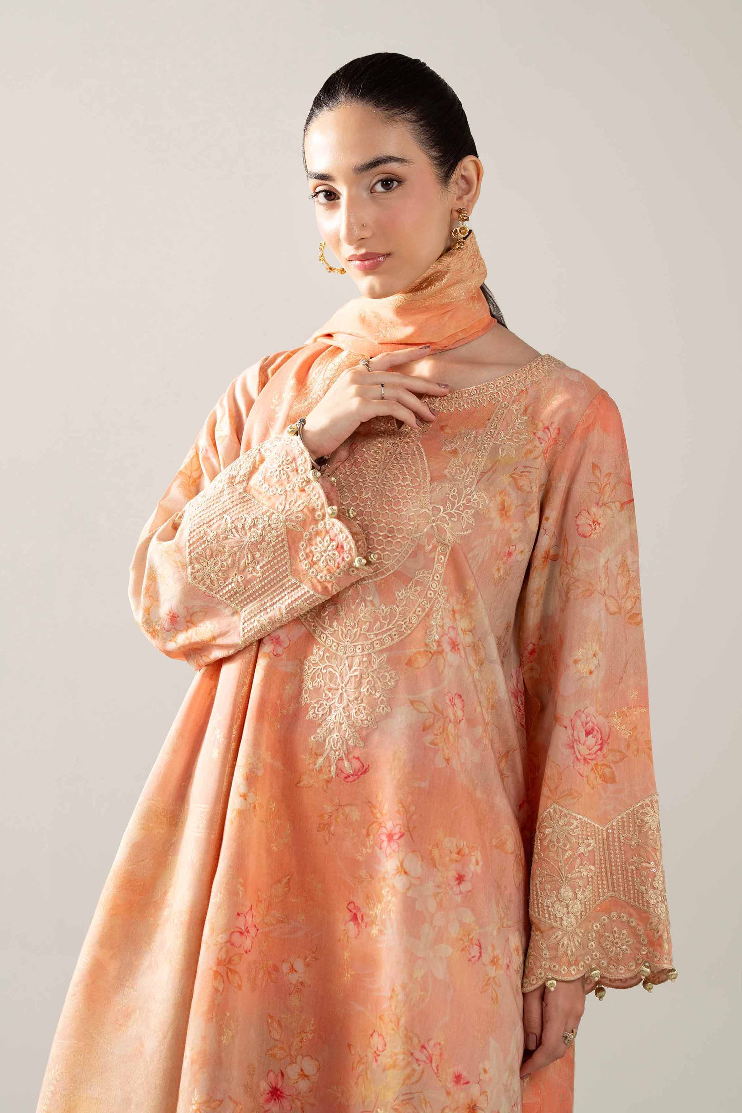 NishatUAE -  Peach & Coral Embroidered Jacquard 3-piece Unstitched Suit
