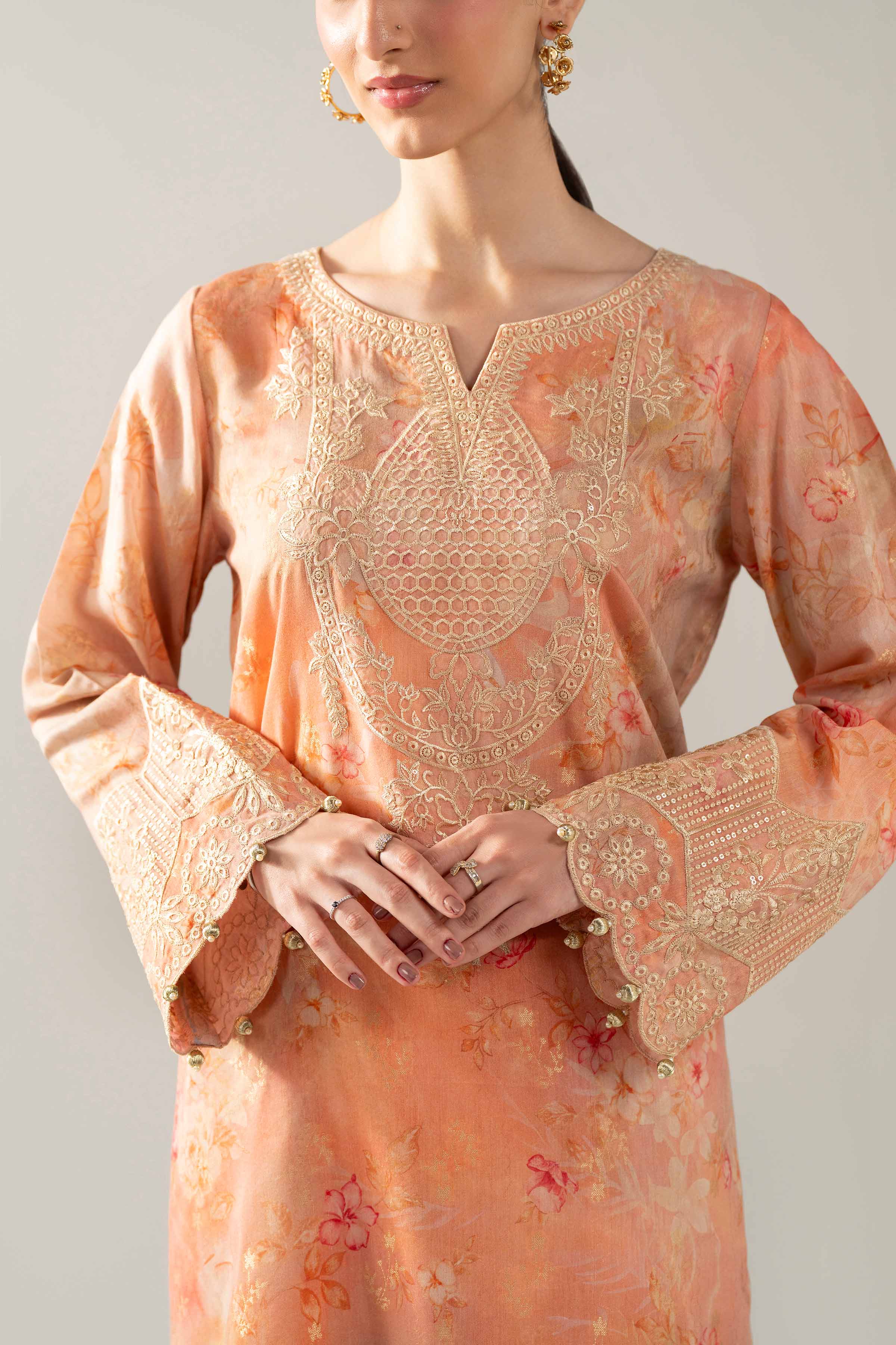 NishatUAE -  Peach & Coral Embroidered Jacquard 3-piece Unstitched Suit
