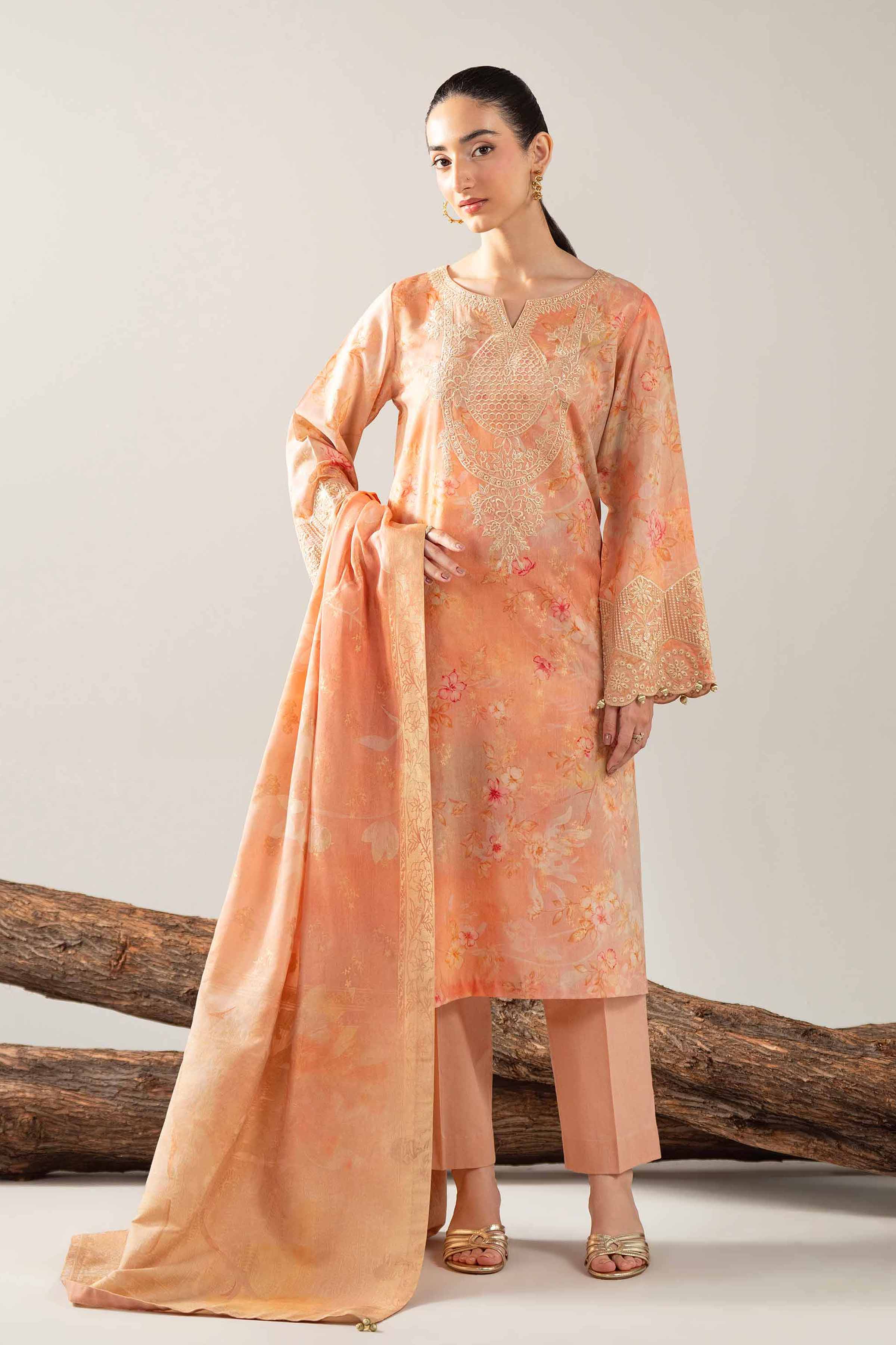 NishatUAE -  Peach & Coral Embroidered Jacquard 3-piece Unstitched Suit