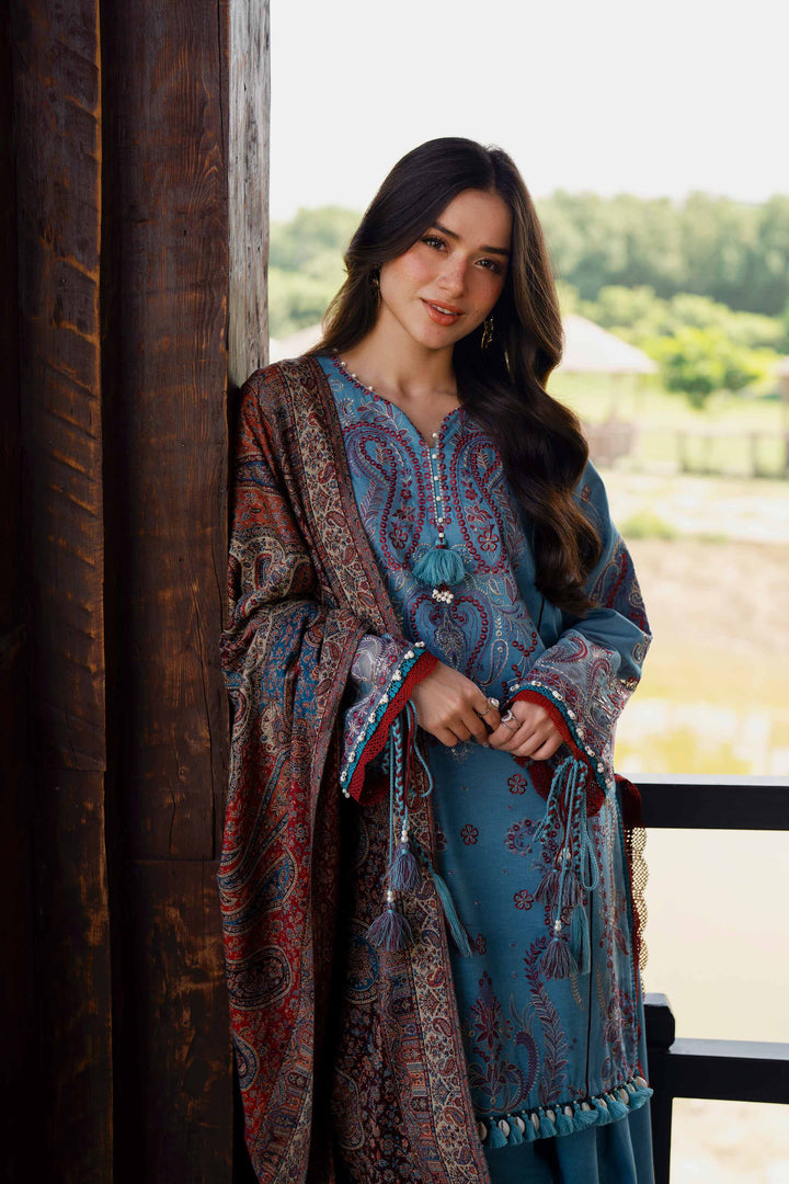 NISHATUAE - Teal Embroidered Karandi 3-piece Unstitched Suit