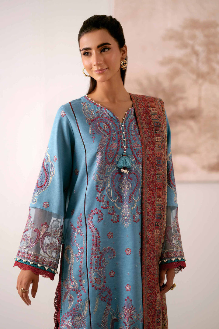 NISHATUAE - Teal Embroidered Karandi 3-piece Unstitched Suit