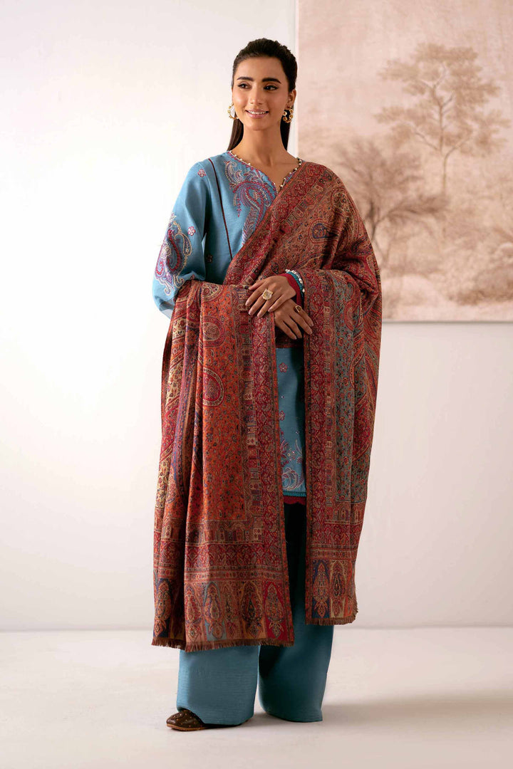 NISHATUAE - Teal Embroidered Karandi 3-piece Unstitched Suit