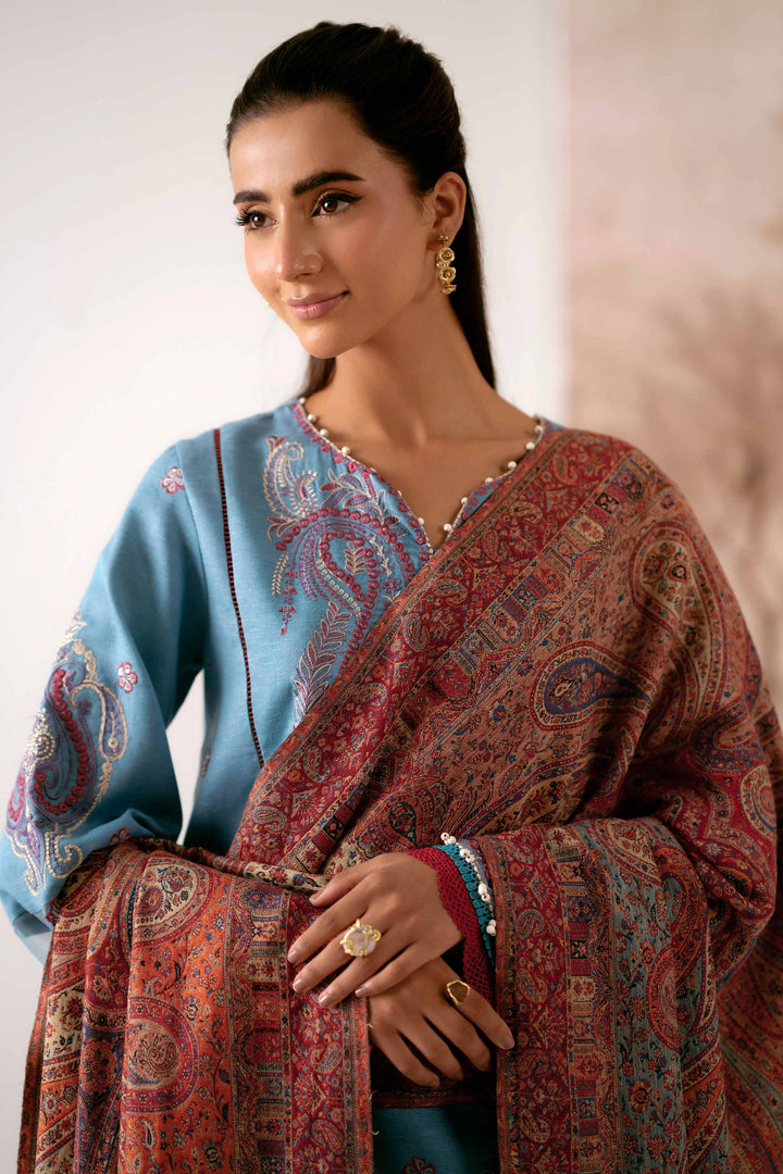 NISHATUAE - Teal Embroidered Karandi 3-piece Unstitched Suit